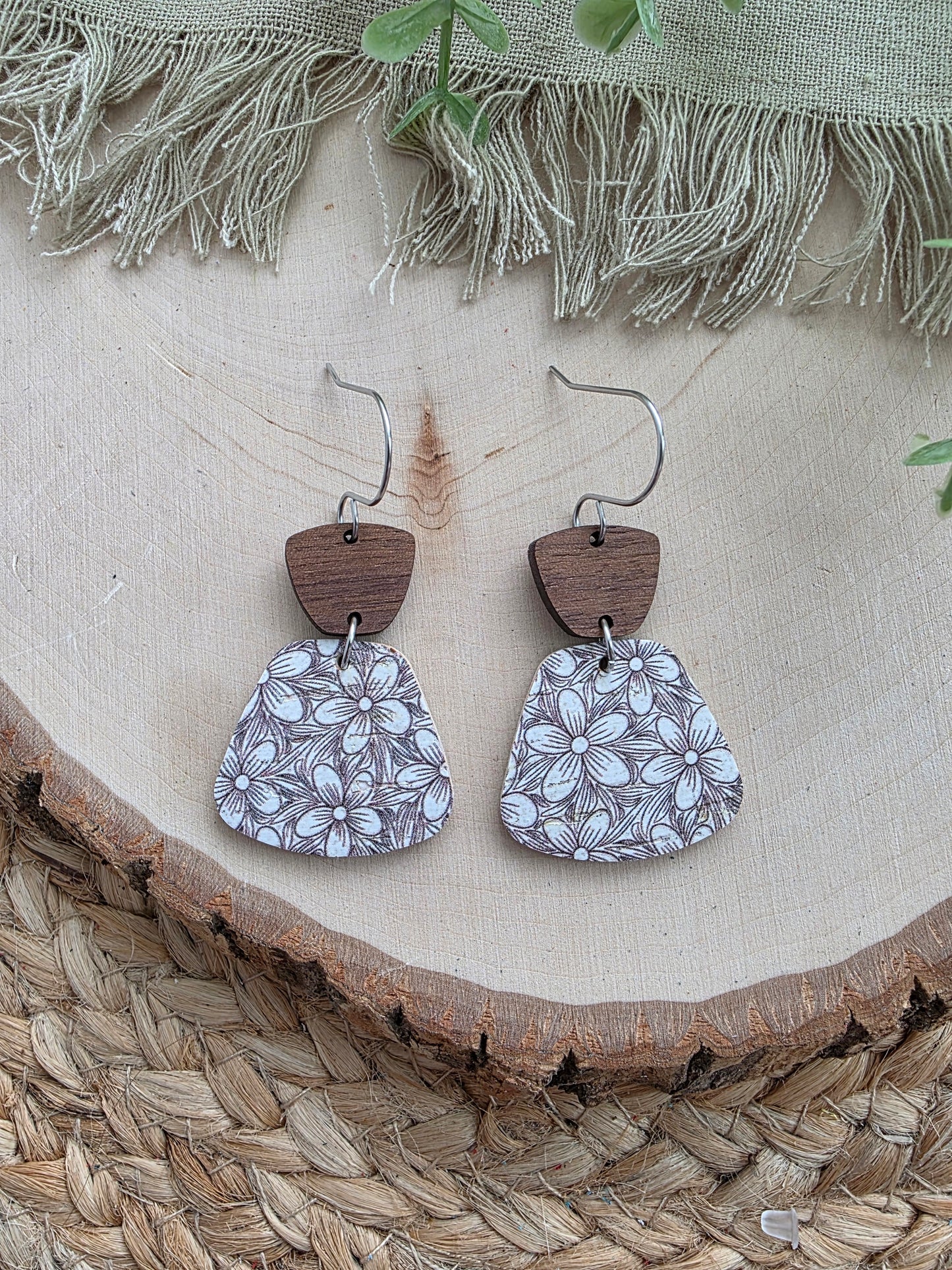 Neutral Floral Rounded Trapezoid Earrings