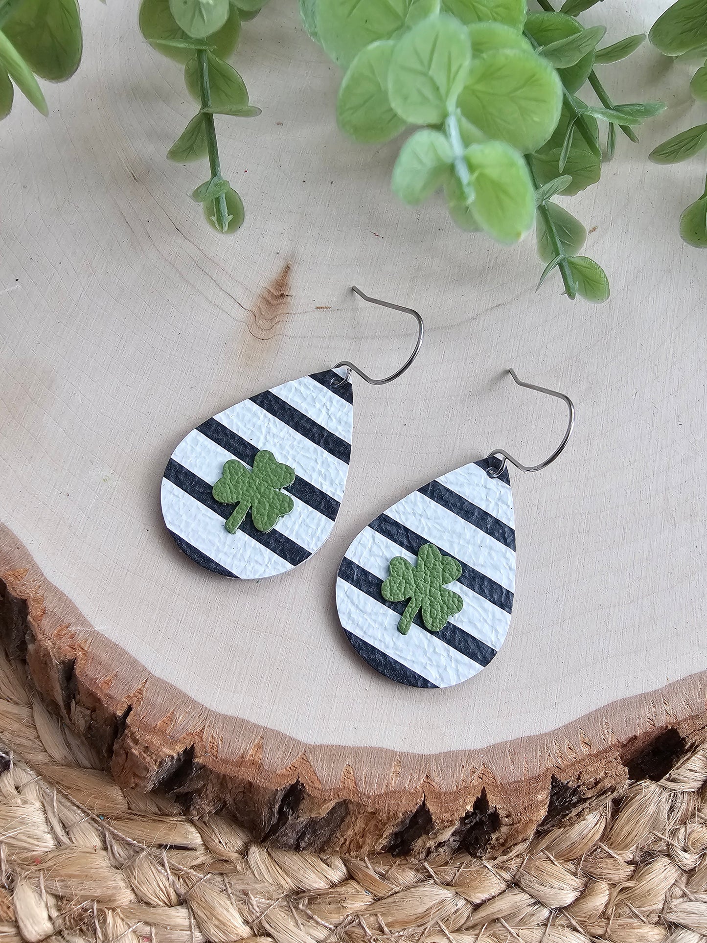Black & White Striped Shamrock Teardrop Earrings