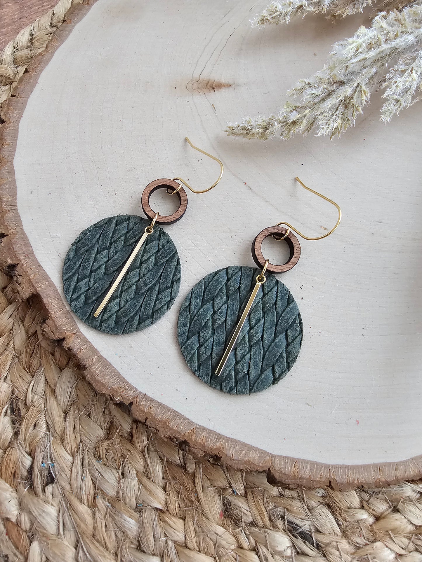 Dark Olive Braided Circle Earrings - Silver or Gold