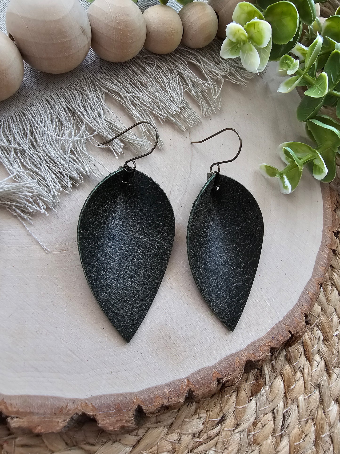 Deep Green Pinched Petal Earrings - Large (2.5")
