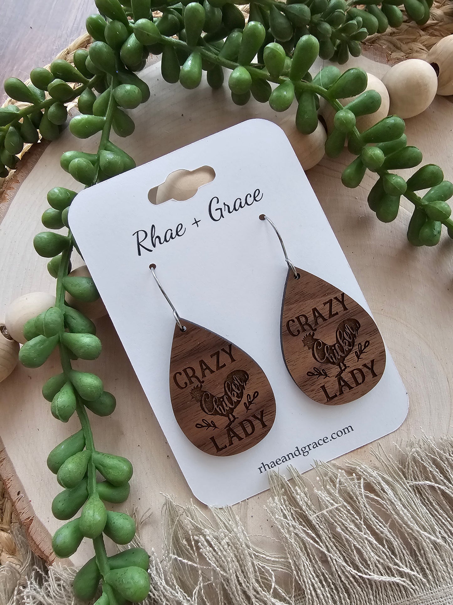 Crazy Chicken Lady Wood Teardrop Earrings