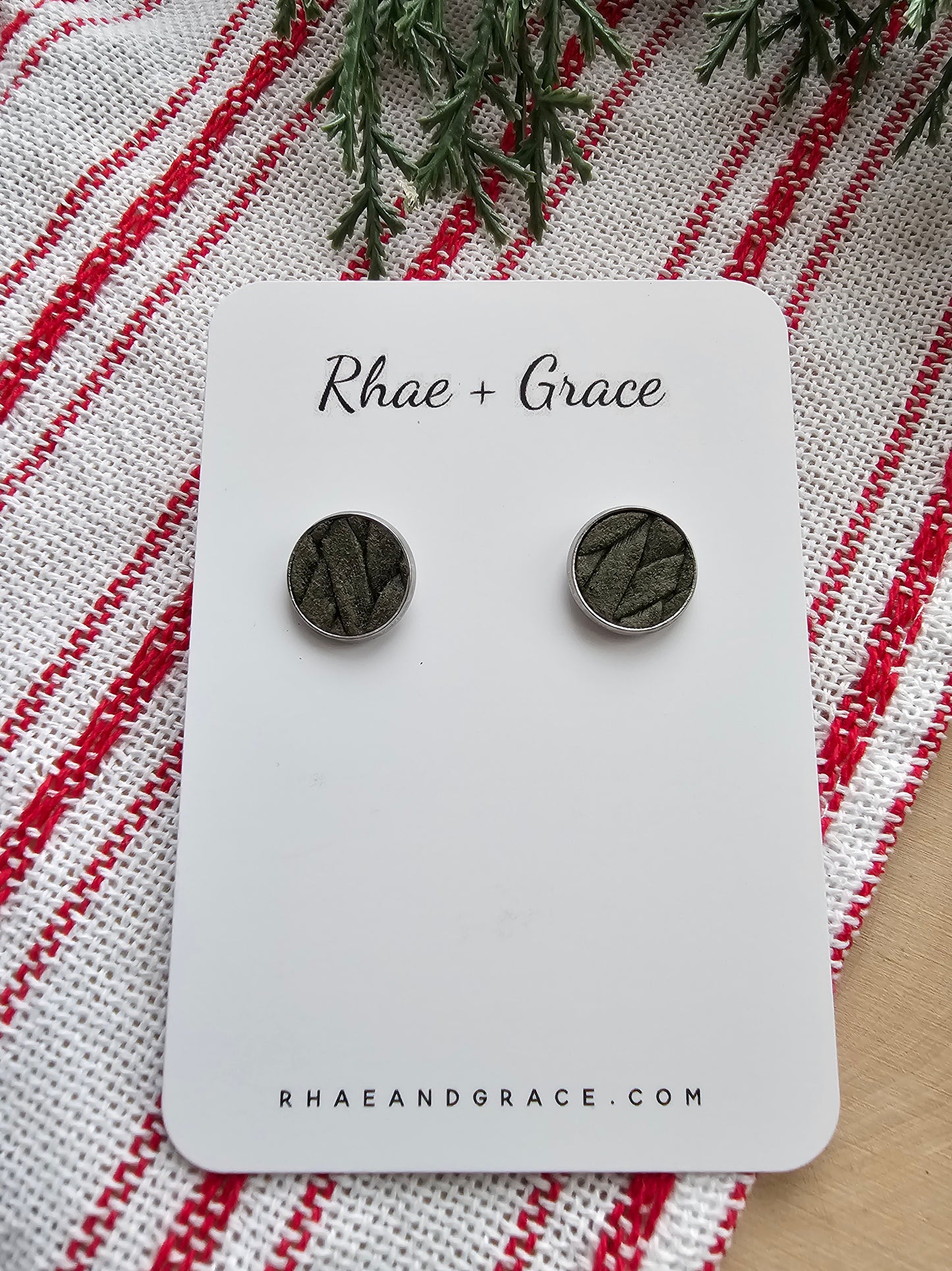 Olive Green Braided Embossed Stud Earrings - 12mm