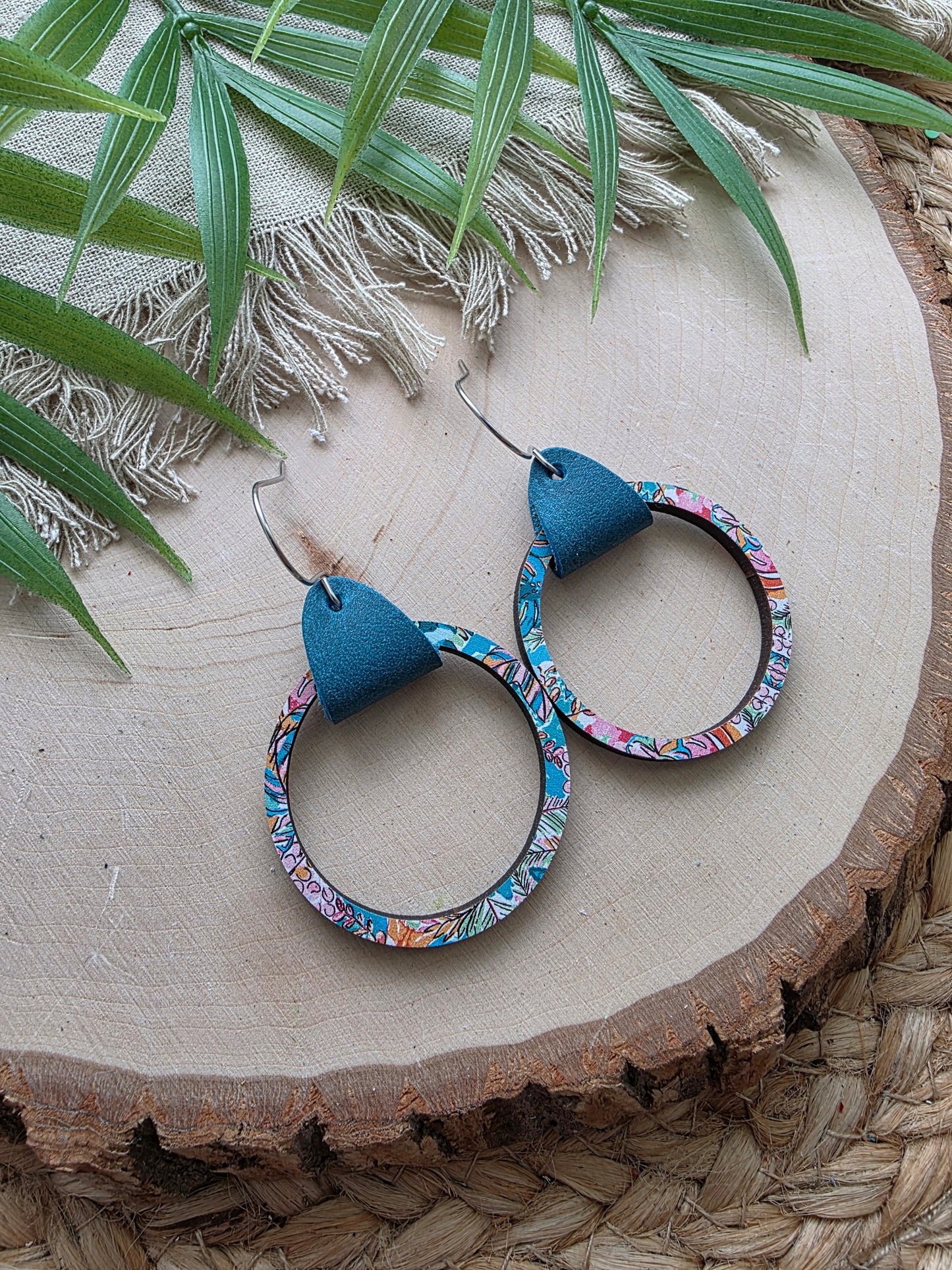 Tropical Leather & Single Wood Hoop Earrings