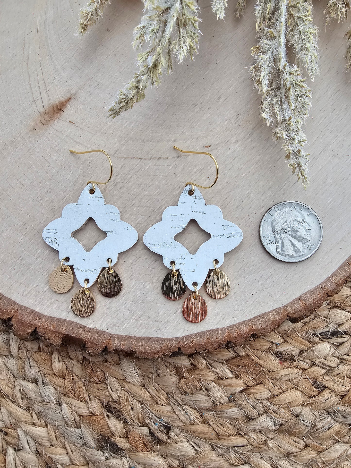 White & Gold Scalloped Chandelier Earrings