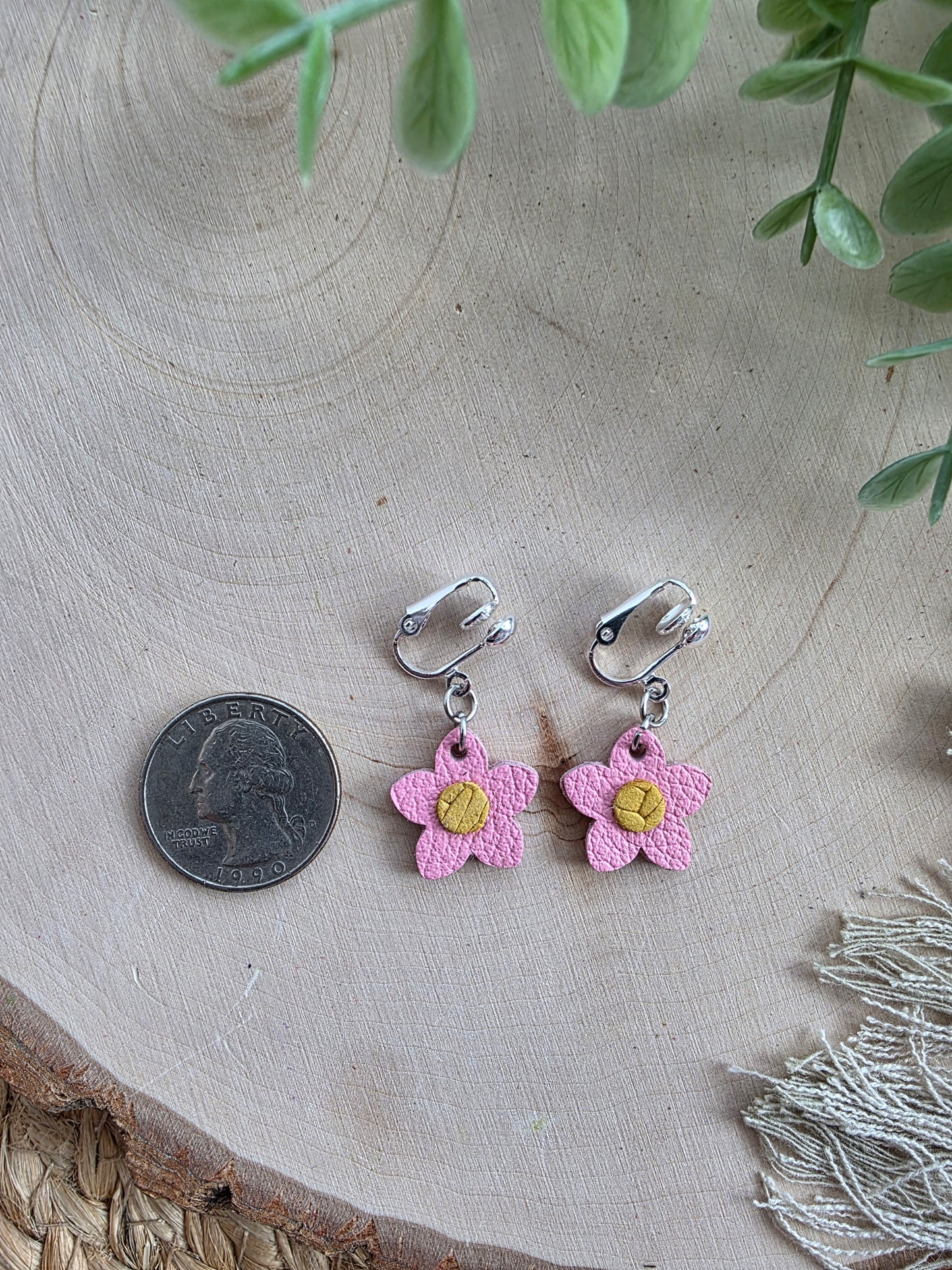 Pink Flower Clip On Earrings