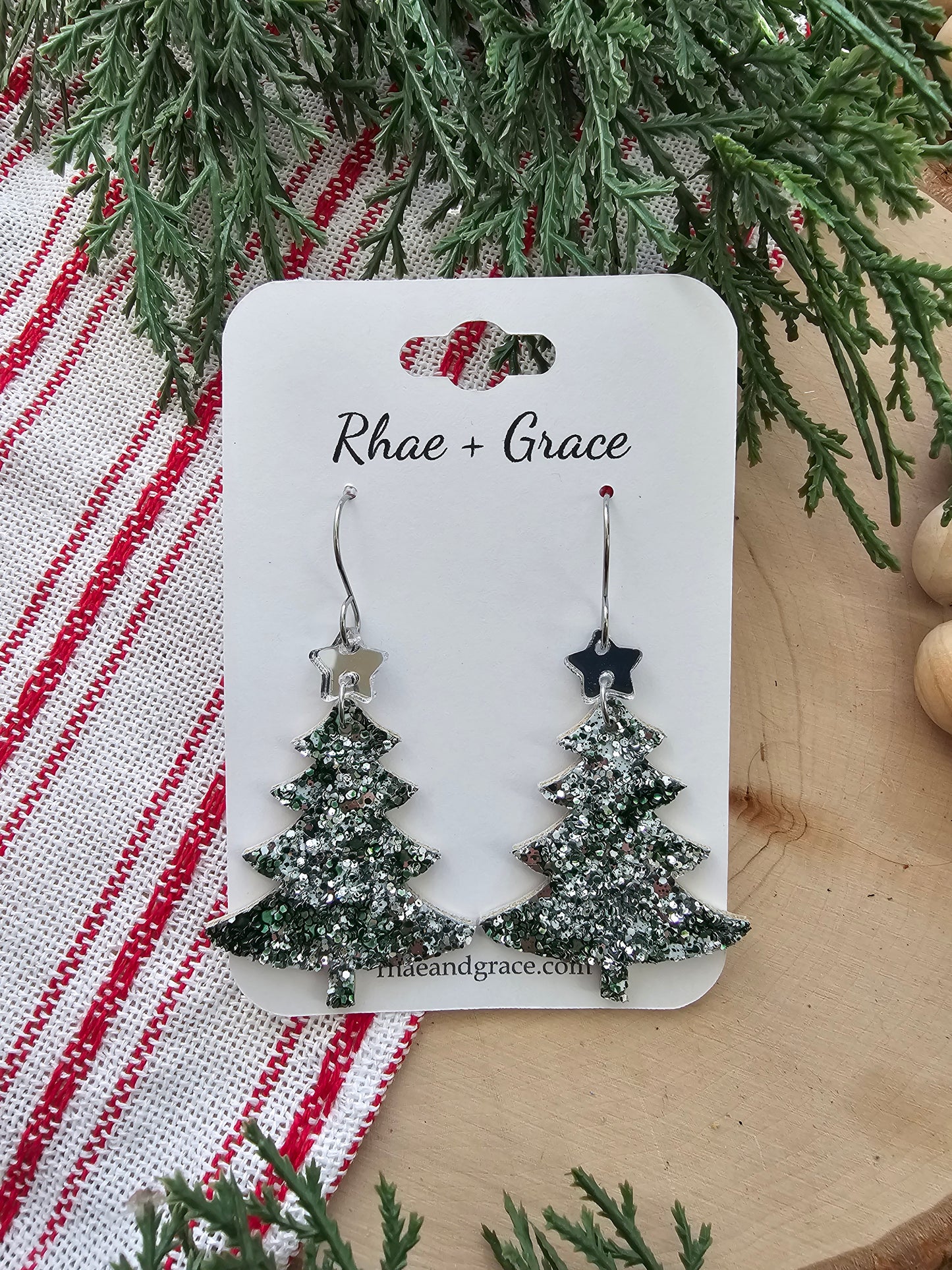 Green & Silver Glitter Christmas Tree Earrings