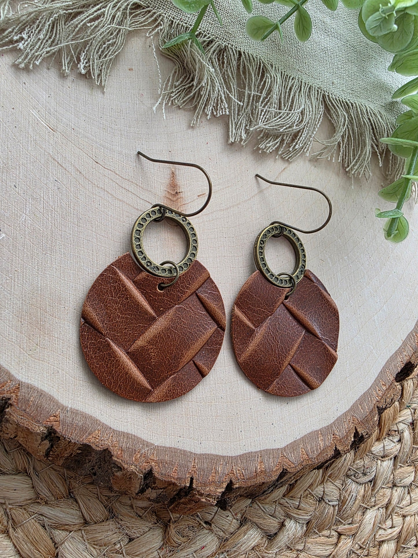 Saddle Brown Box Braid Embossed Circle Earrings
