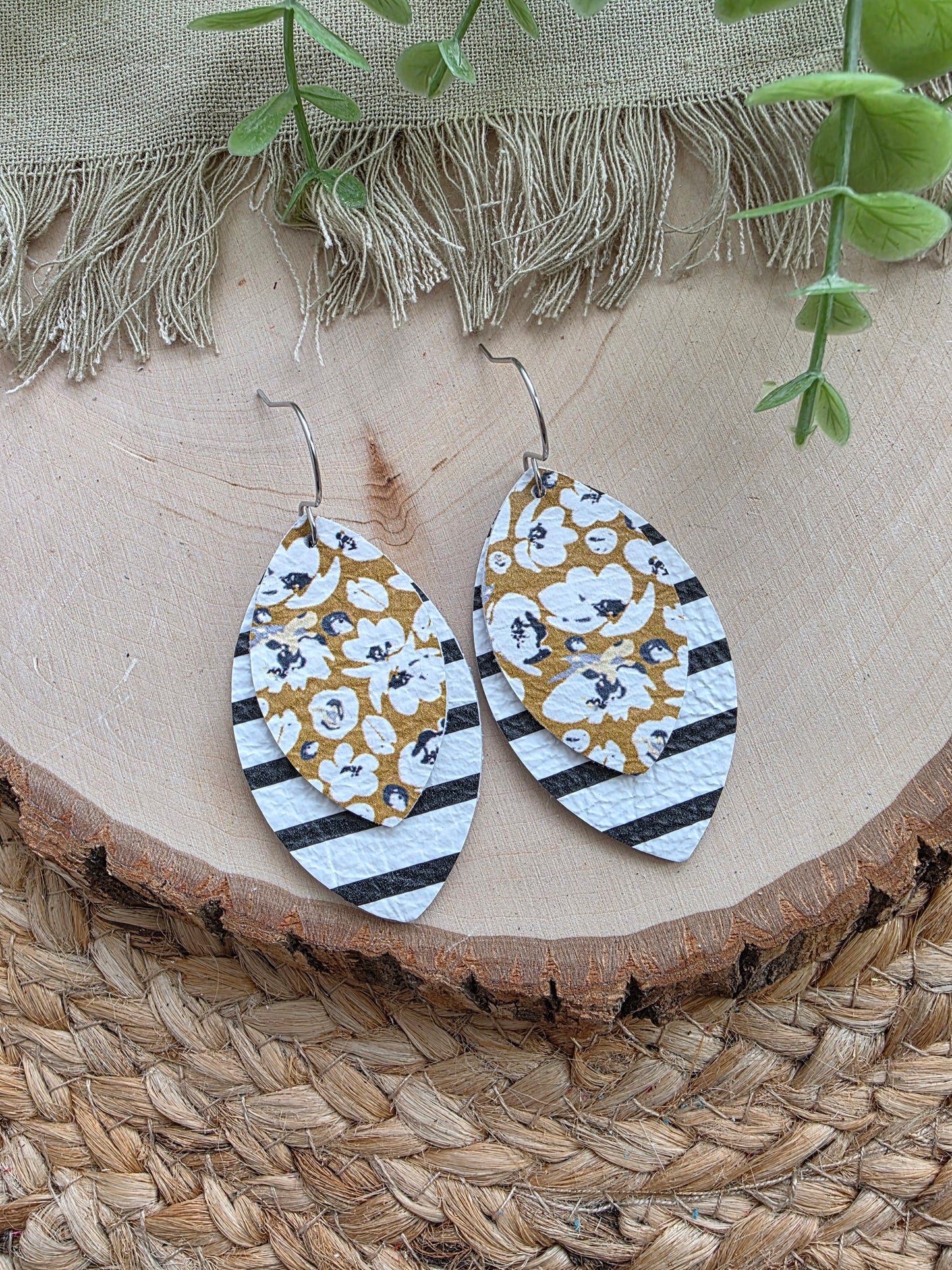 Yellow Floral and Black & White Striped Layered Leaf Earrings