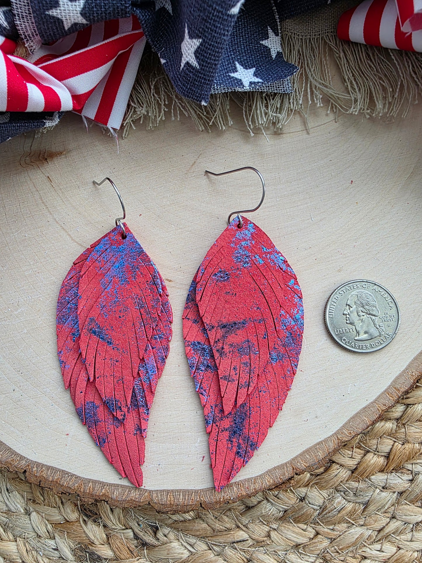 Red & Metallic Blue Fringe Feather Earrings