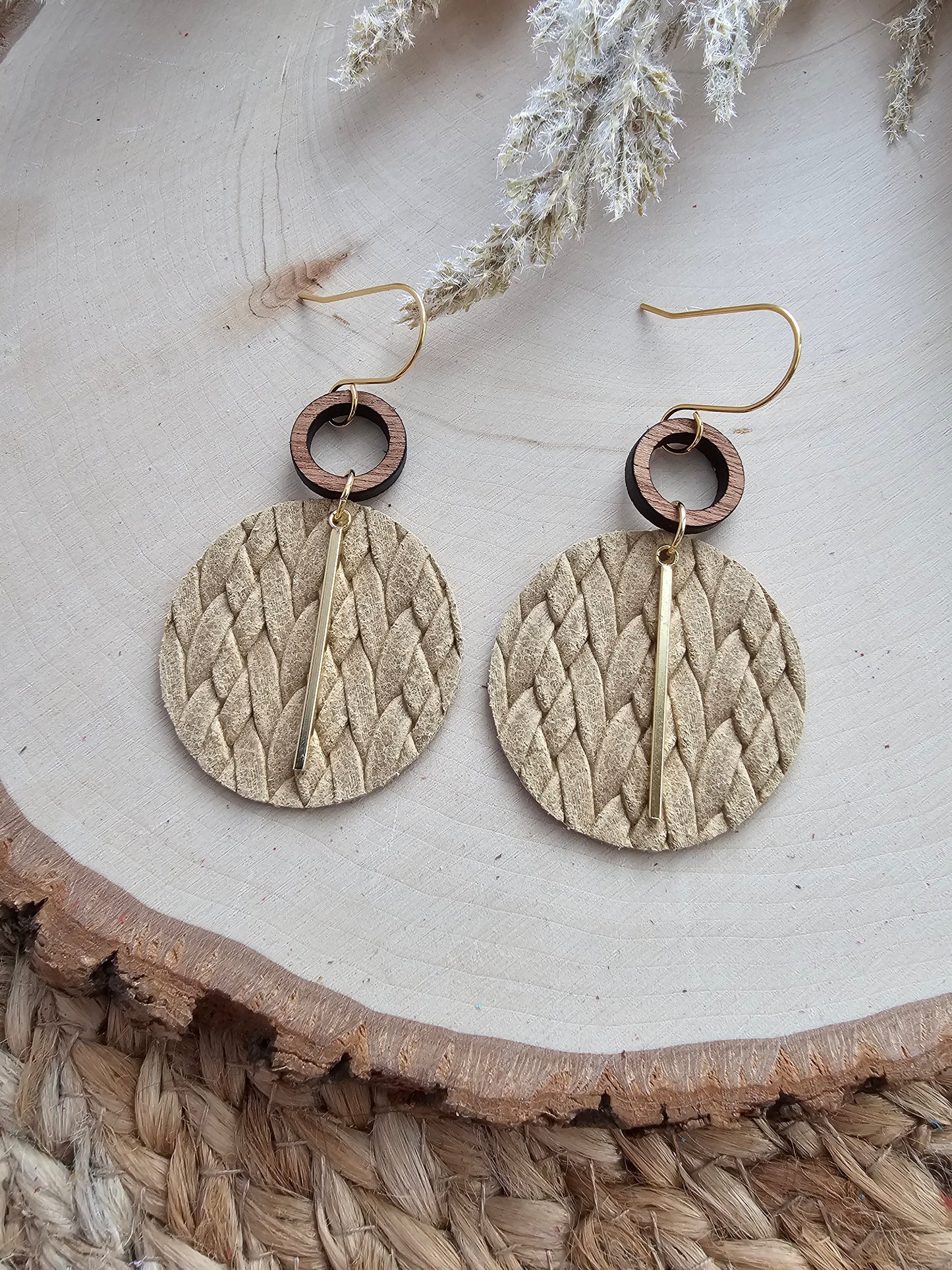 Beige Braided Circle Earrings - Silver or Gold
