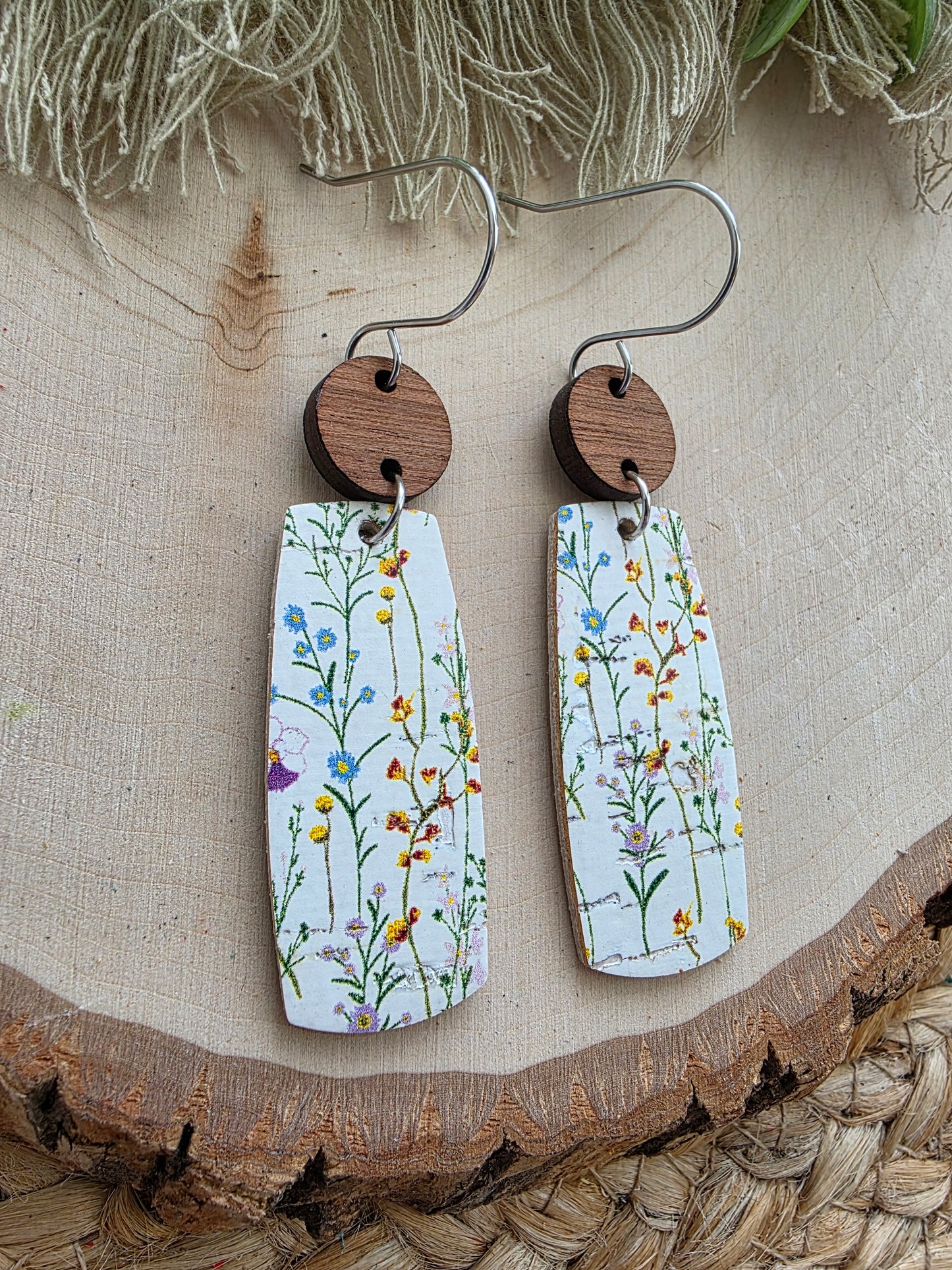 Delicate Wildflower Floral Bar Leather Earrings