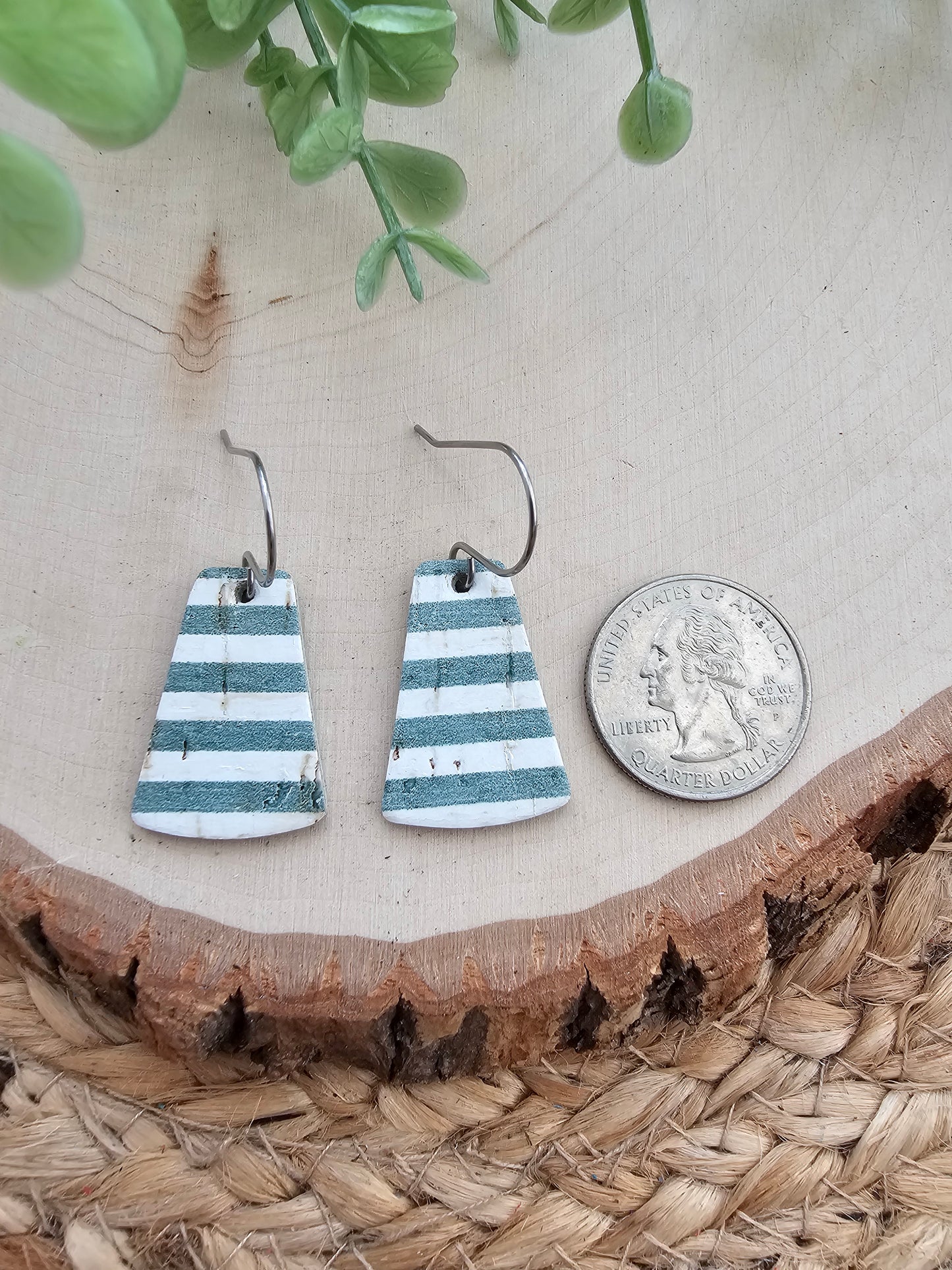 Sage Green Striped Small Trapezoid Earrings
