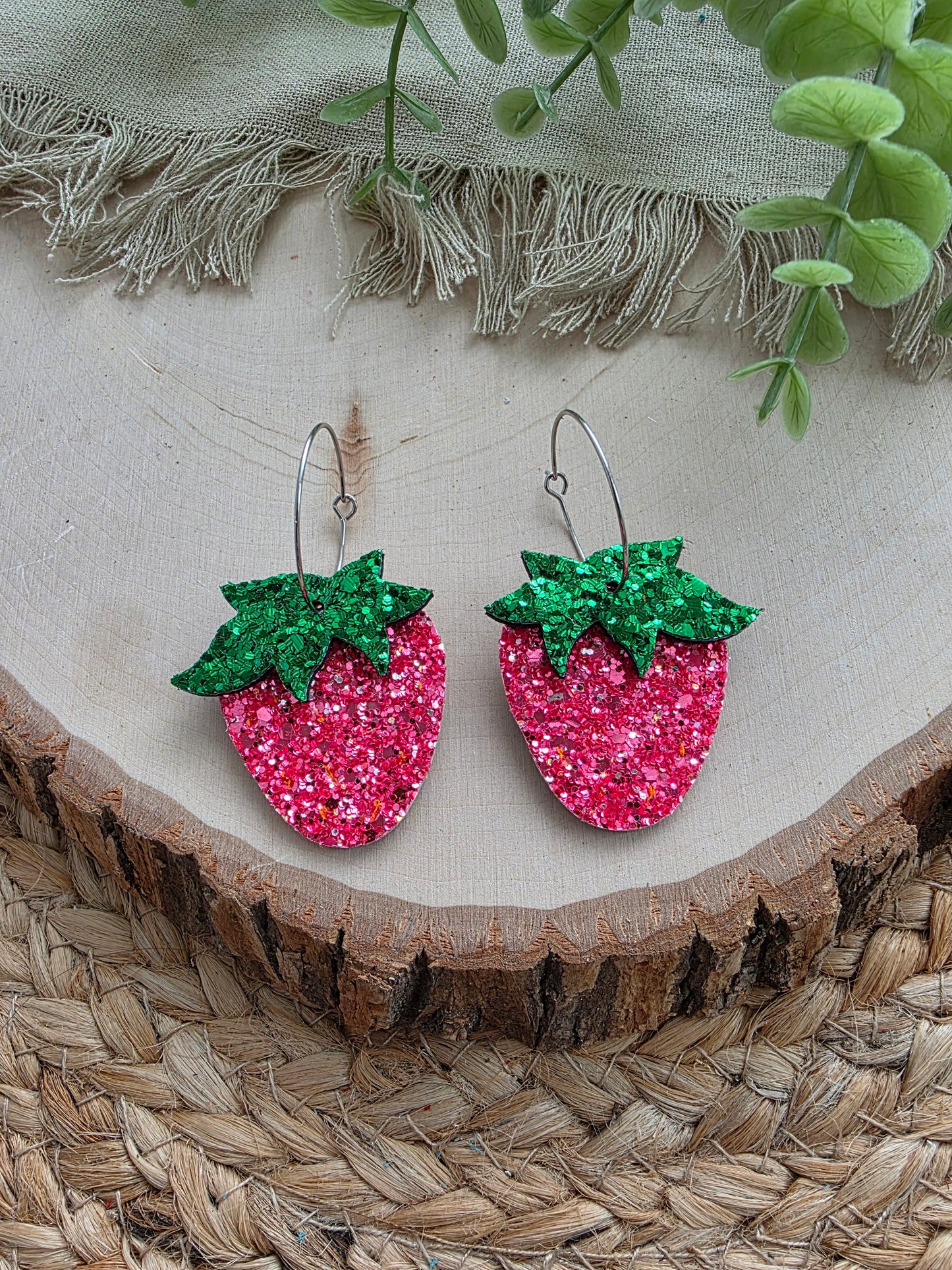 Glitter Strawberry Hoop Earrings