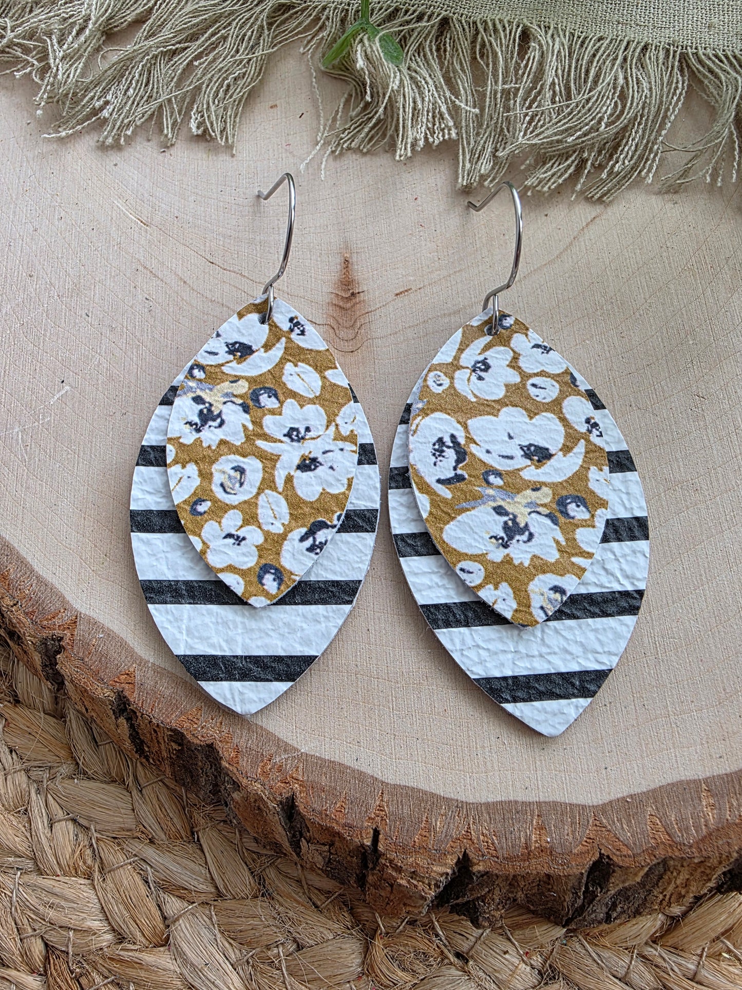Yellow Floral and Black & White Striped Layered Leaf Earrings