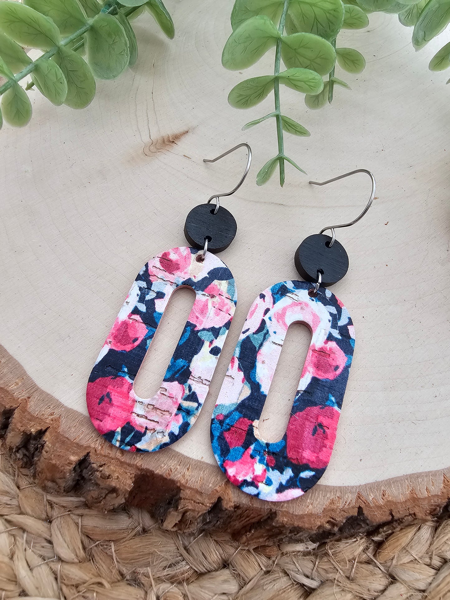 Midnight Rose Garden Floral Elongated Oval Earrings
