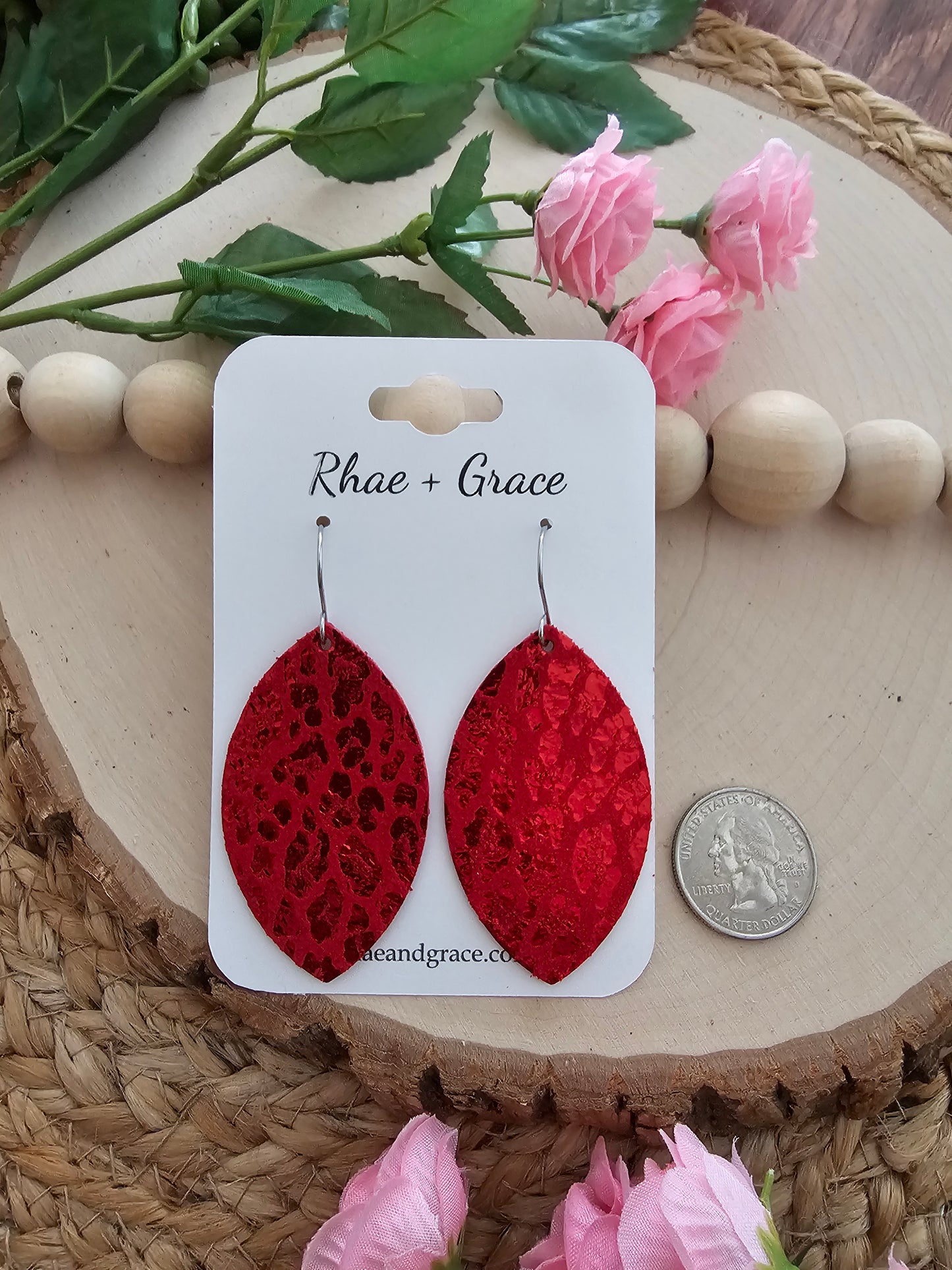 Red Leopard Print Shimmer Leaf Leather Earrings