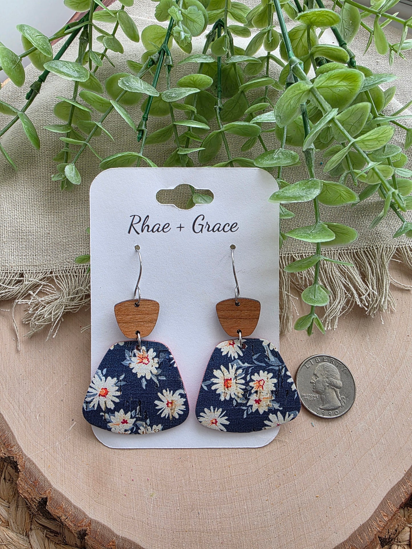 Navy Blue Daisy Rounded Trapezoid Earrings