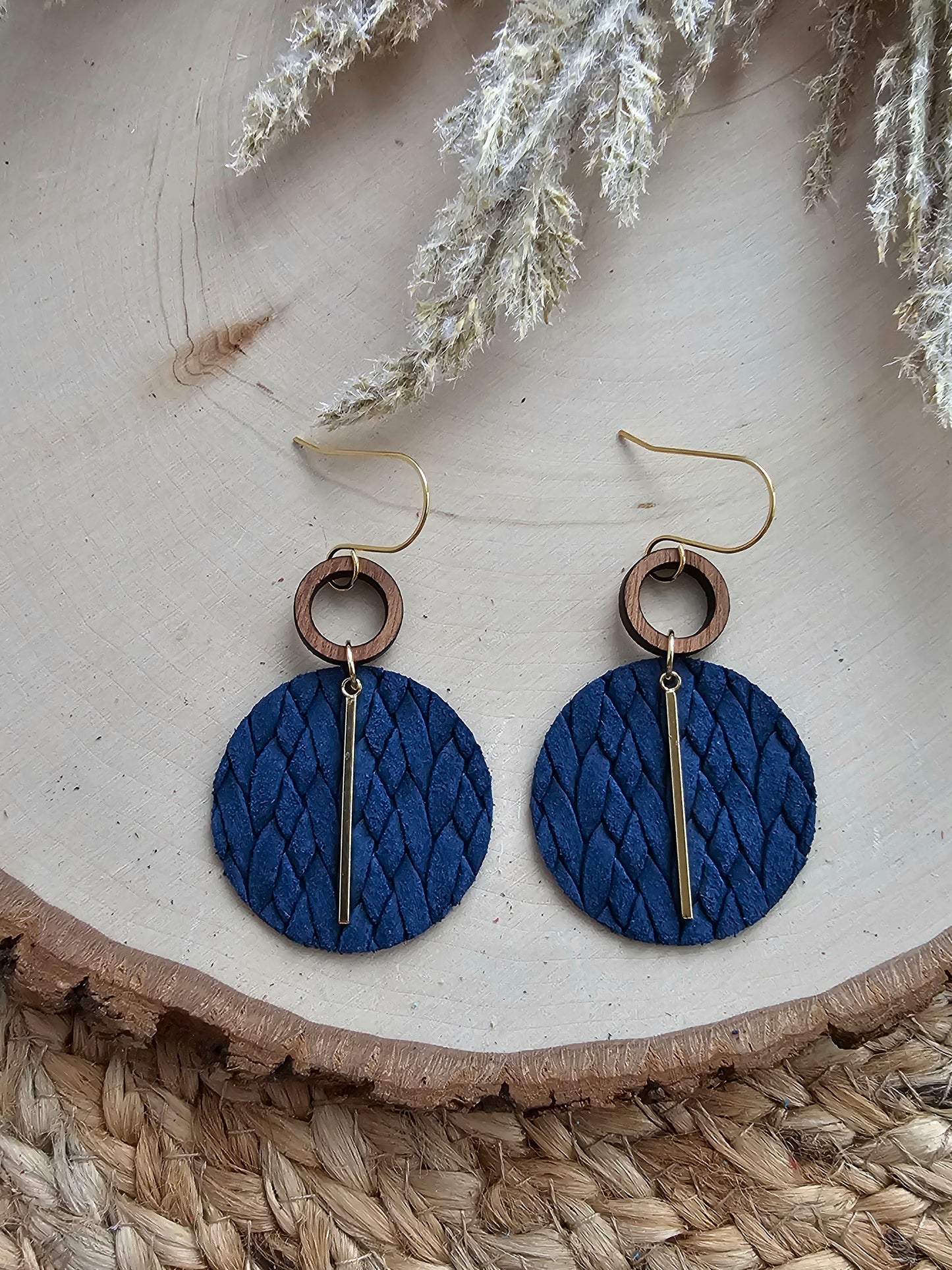 Navy Blue Braided Circle Earrings - Silver or Gold