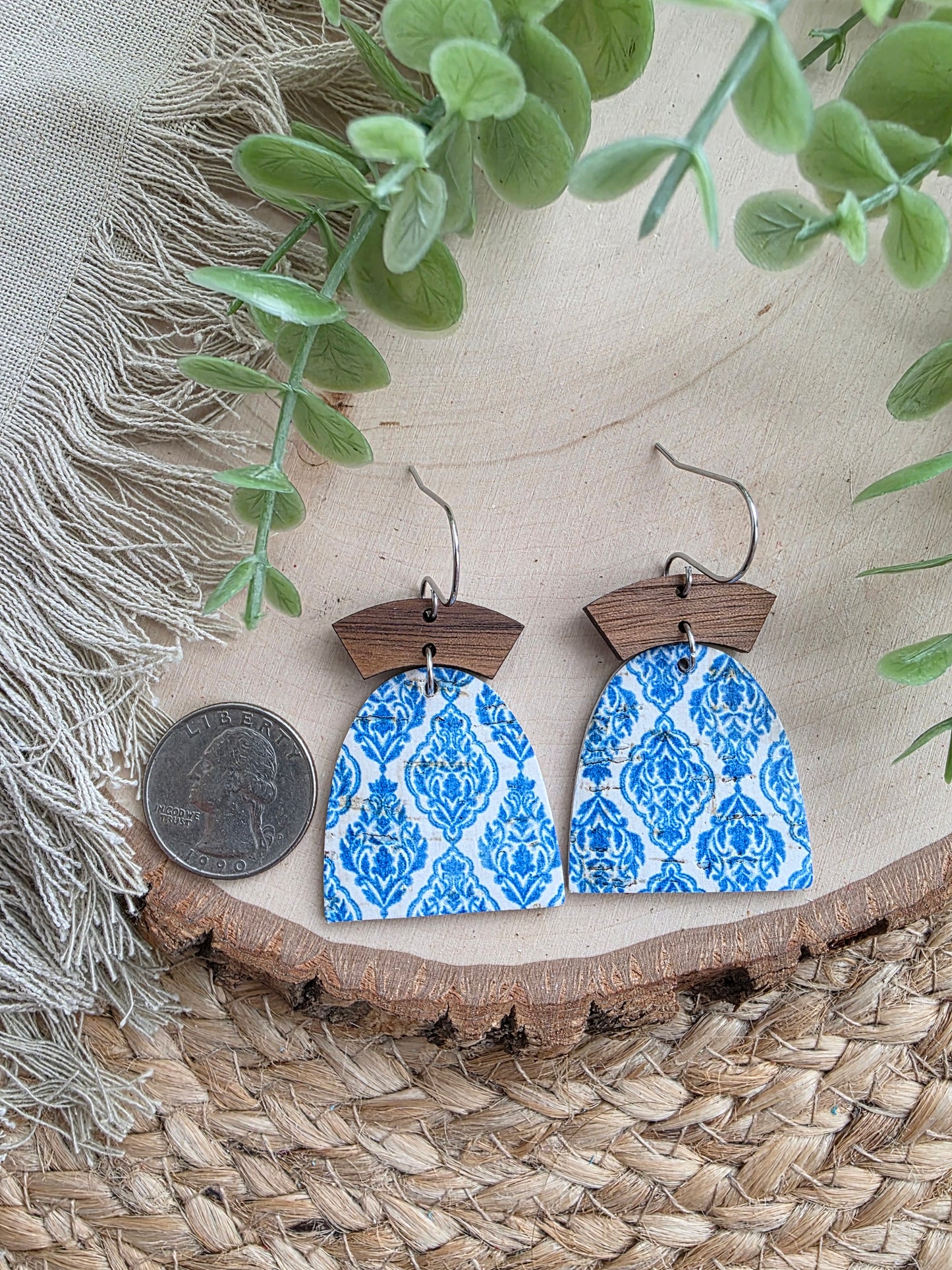 Blue & White Boho Tiles Closed Arch Earrings