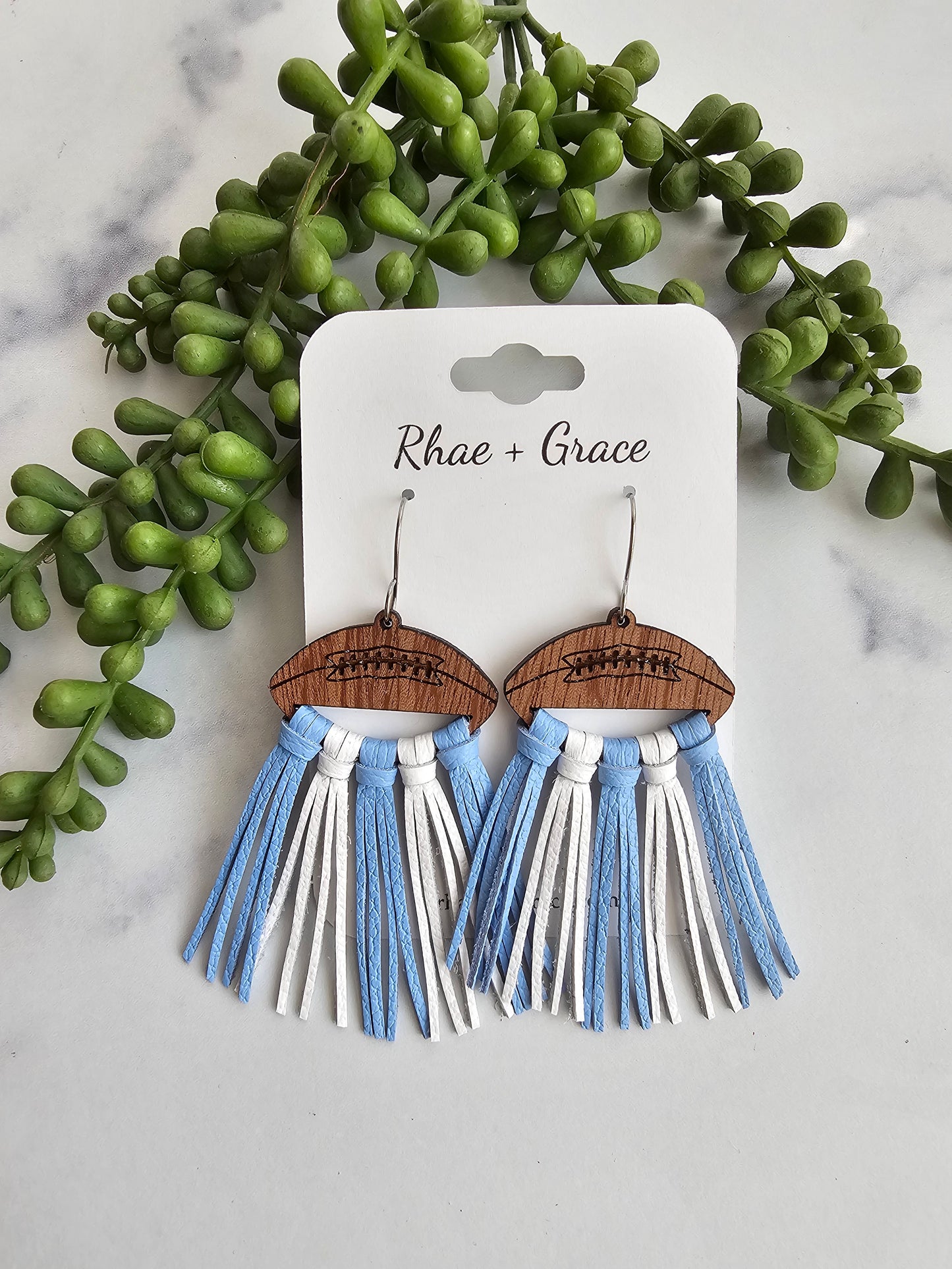 Carolina Blue & White Leather Fringe Football Statement Earrings