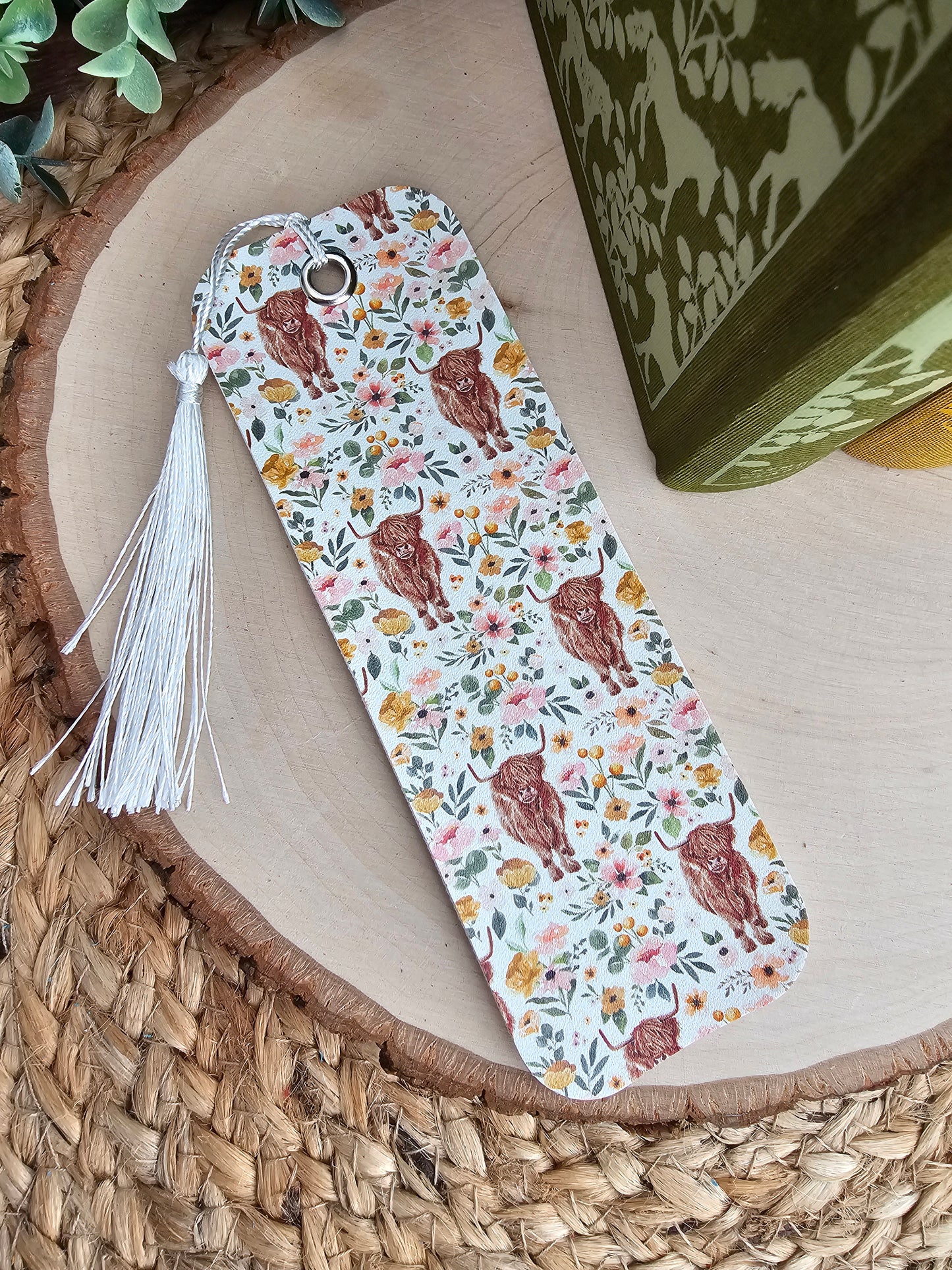 Floral Highland Cow Faux Leather Bookmark