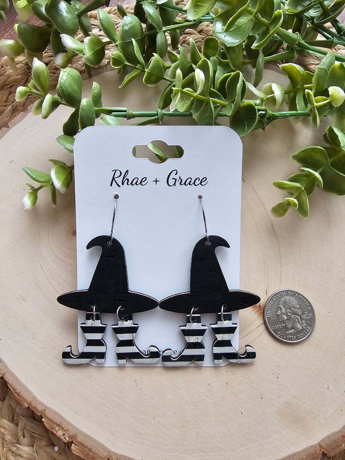 Witch Hat Black & White Striped Boots Earrings