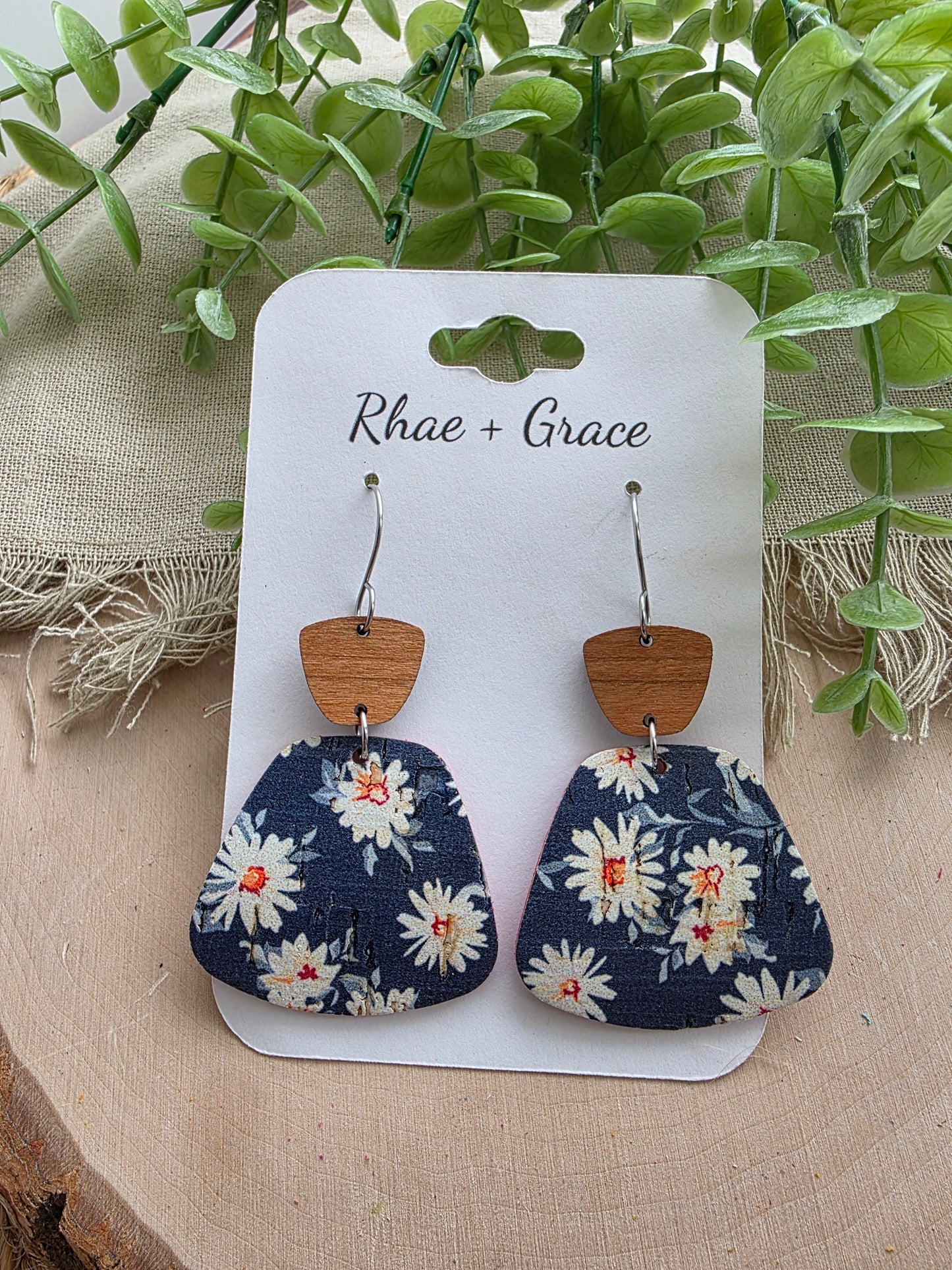 Navy Blue Daisy Rounded Trapezoid Earrings