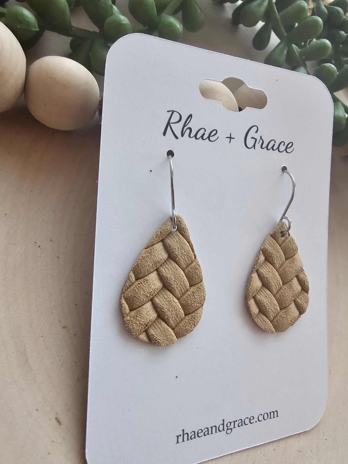 Sand Tan Box Braid Teardrop Earrings - Small