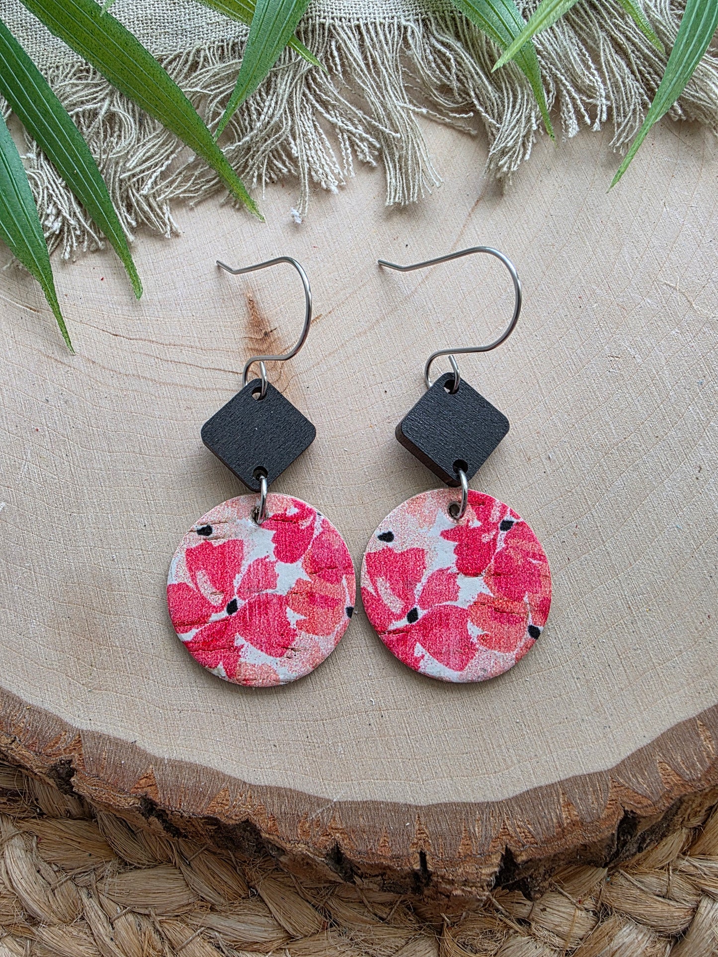 Coral Pink Vinca Floral Circle Earrings