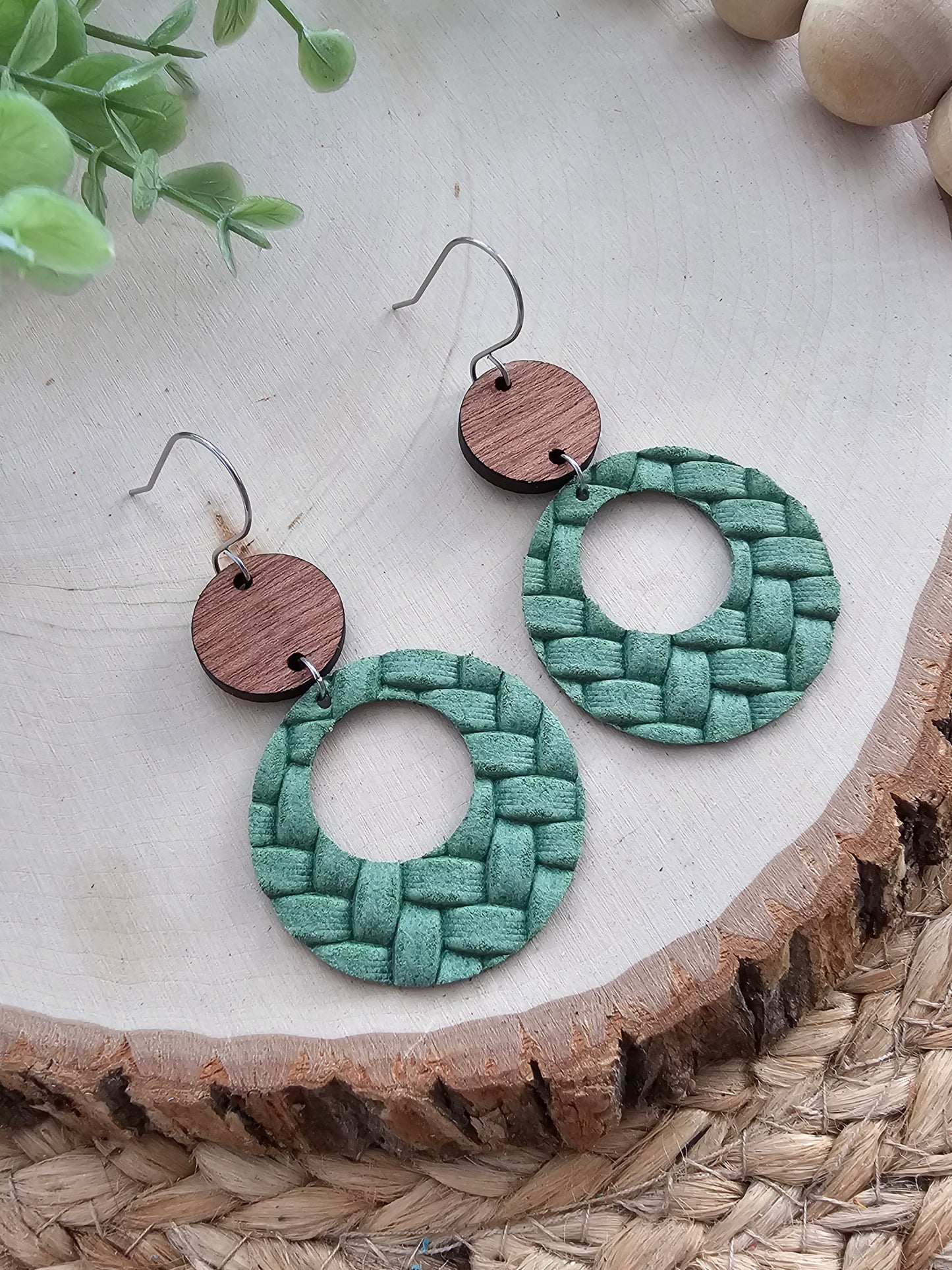Spring Green Embossed Braid Circle Cutout Earrings