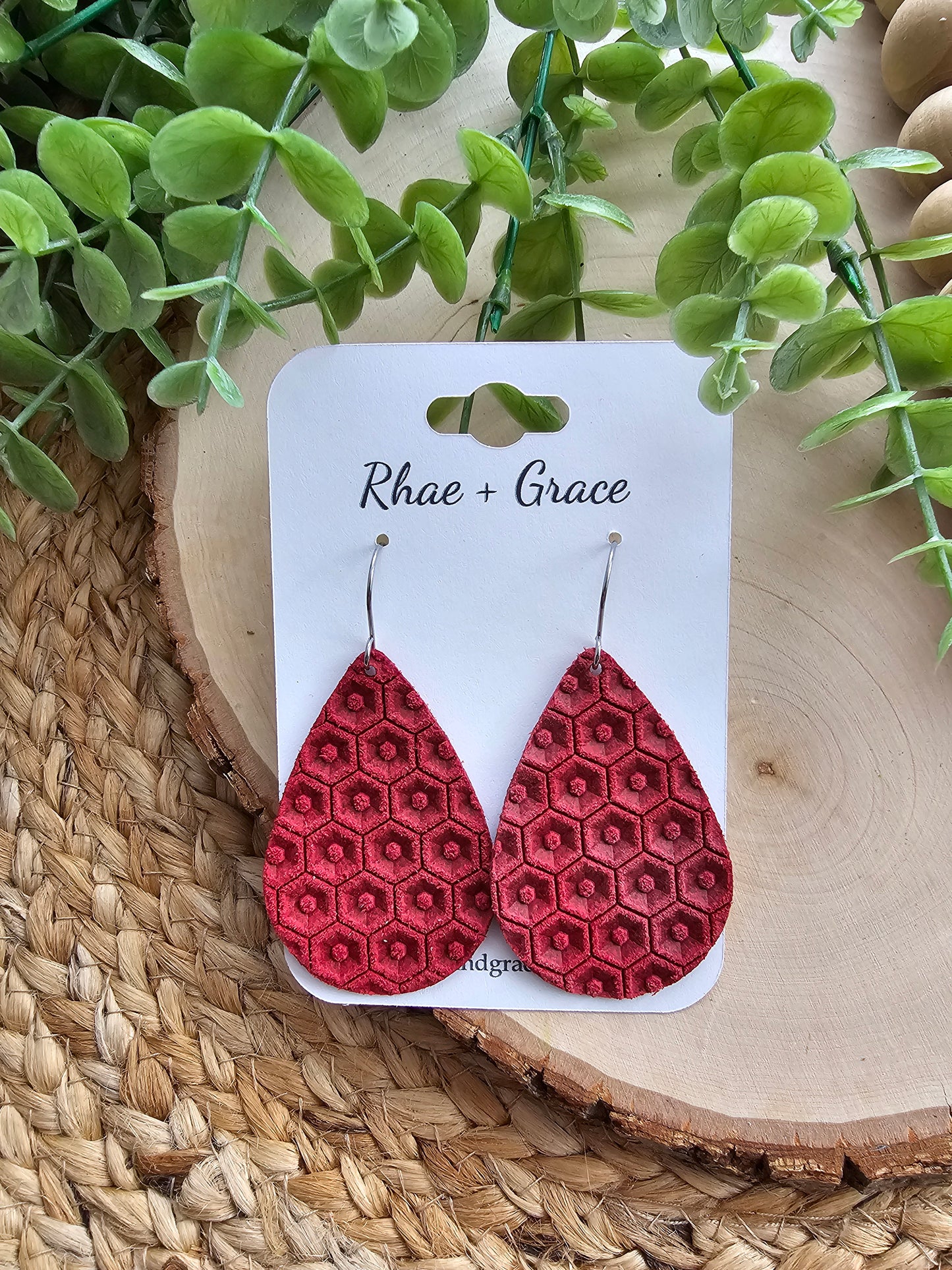 Red Honeycomb Embossed Teardrop Earrings - 2.25"