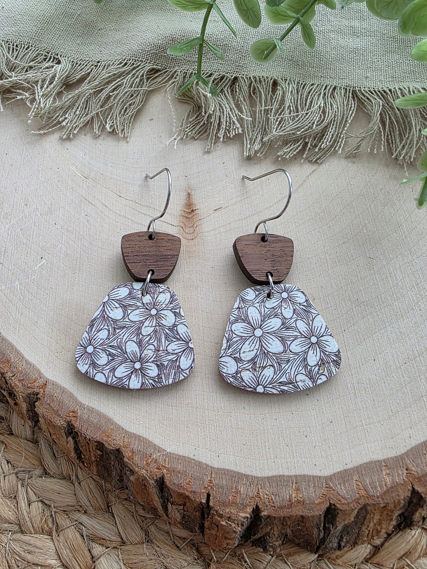 Neutral Floral Rounded Trapezoid Earrings