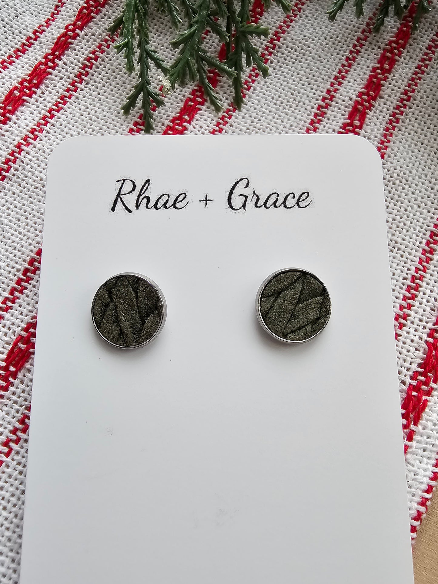 Olive Green Braided Embossed Stud Earrings - 12mm