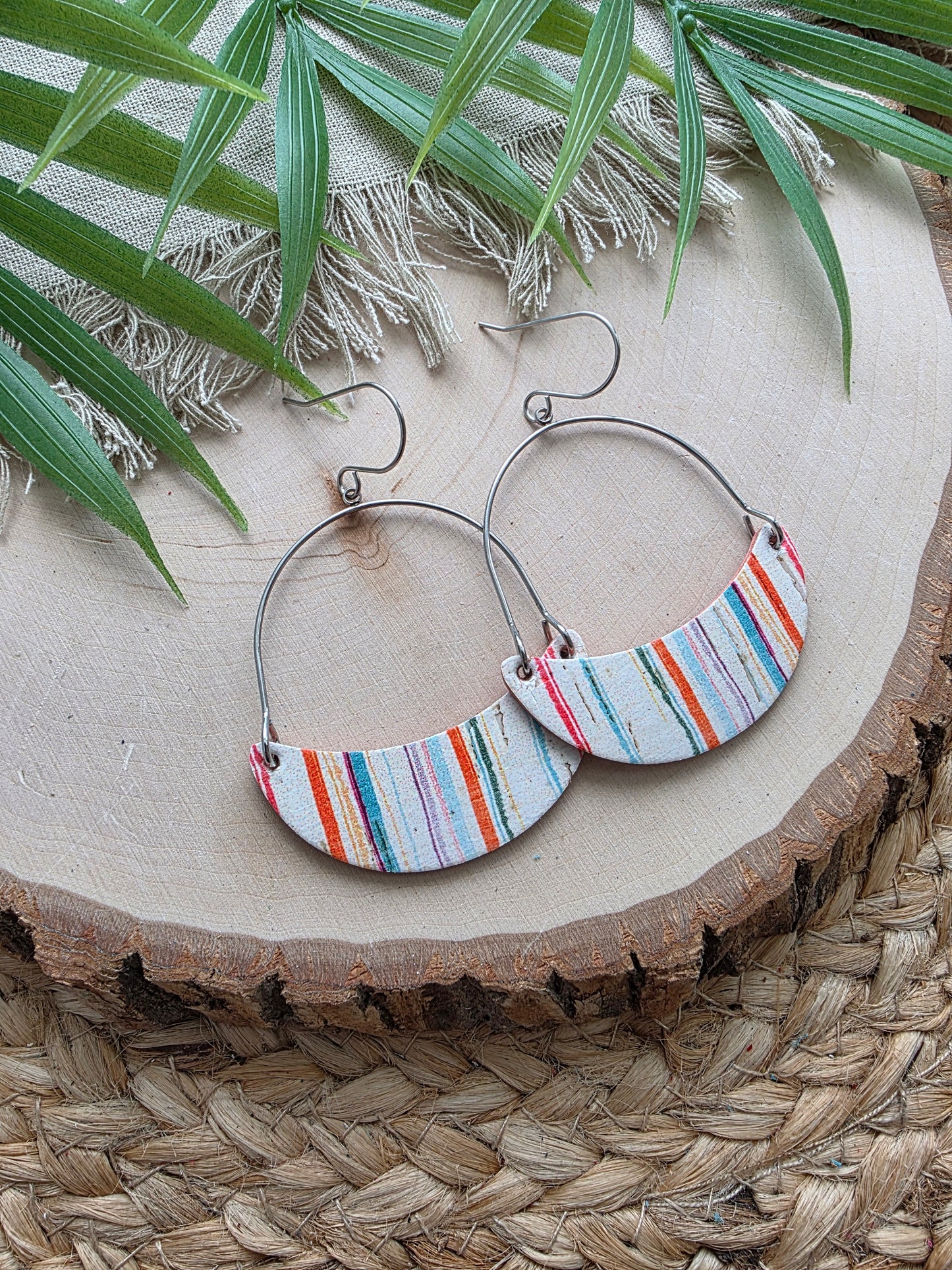Summer Stripes Crescent Hoop Leather Earrings