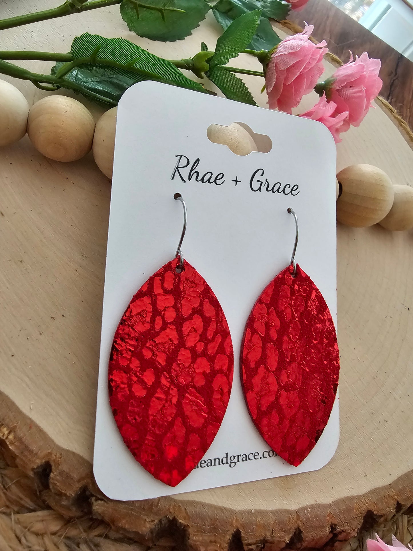 Red Leopard Print Shimmer Leaf Leather Earrings