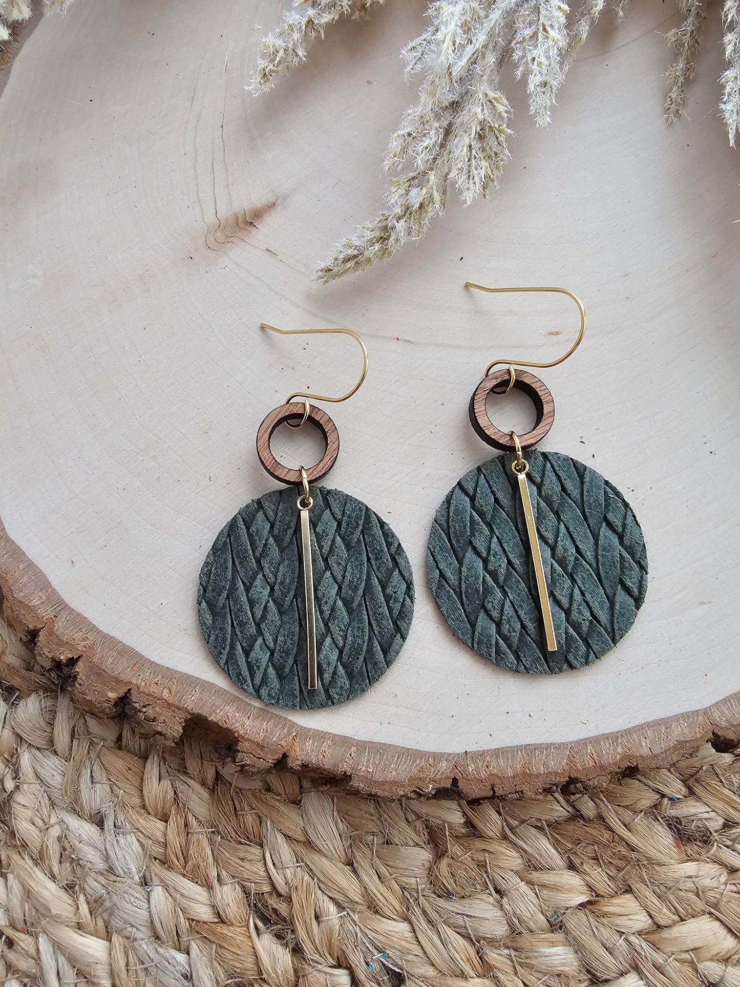 Dark Olive Braided Circle Earrings - Silver or Gold