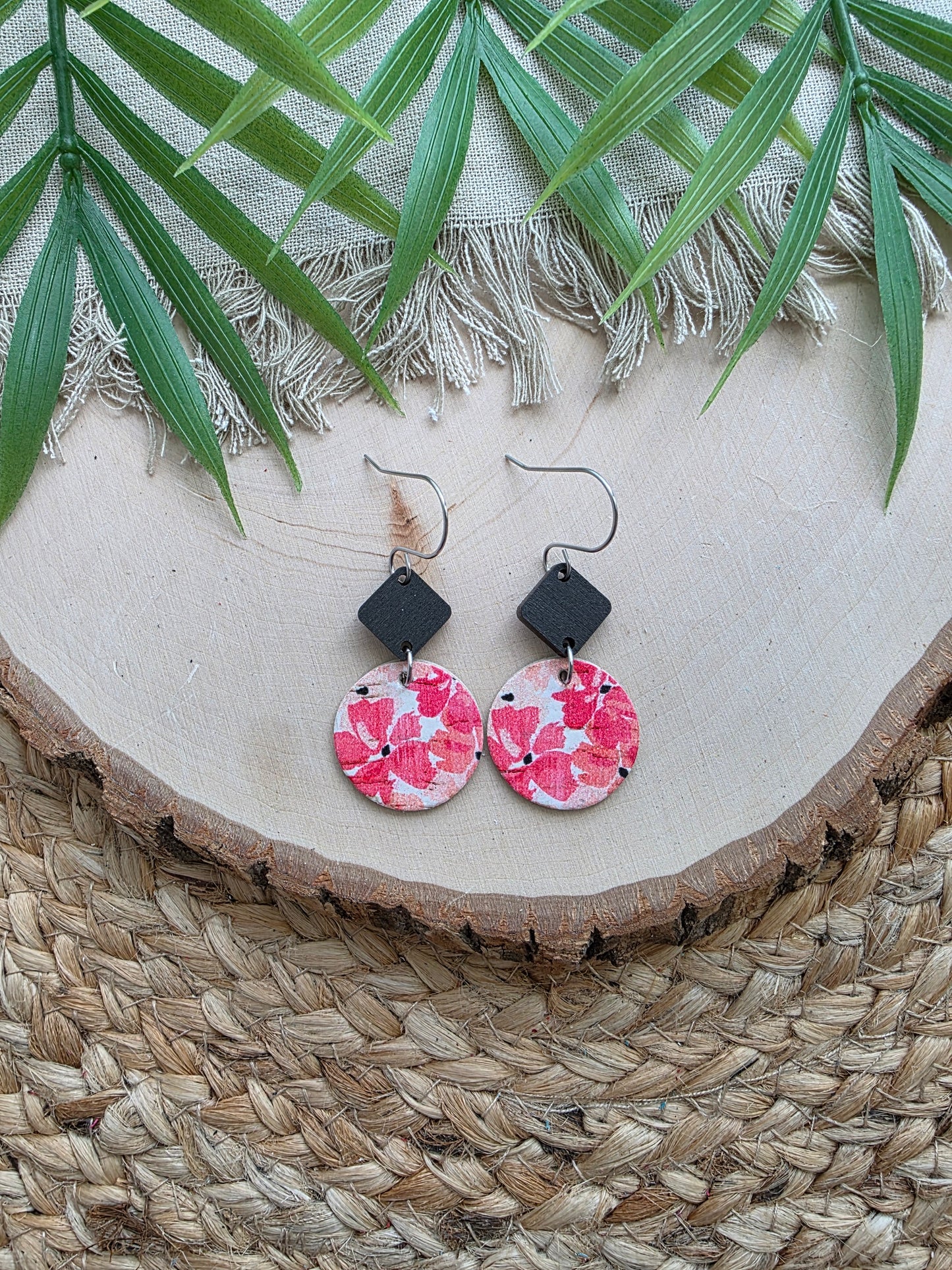 Coral Pink Vinca Floral Circle Earrings