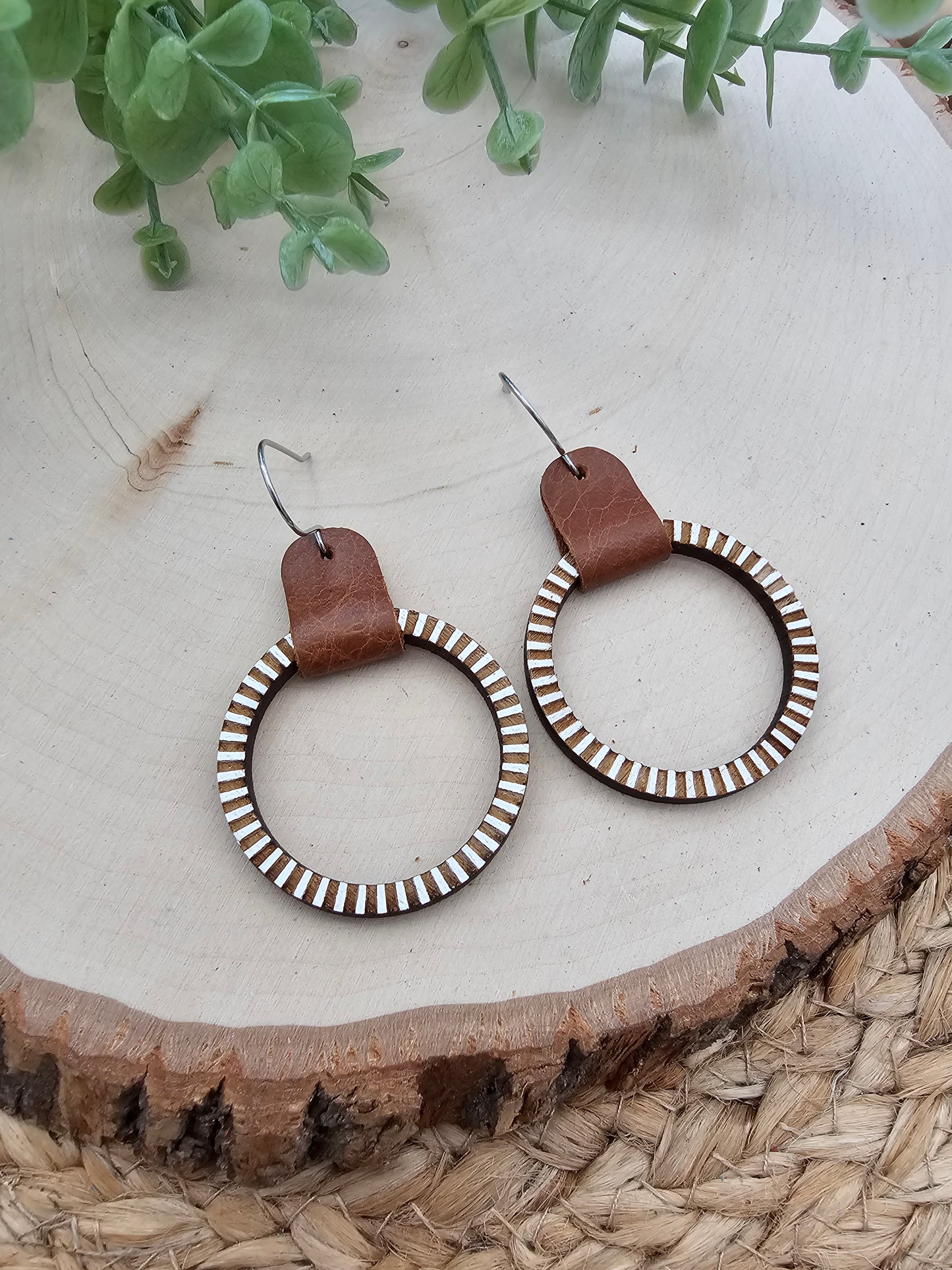 Engraved Striped Wood & Leather Hoop Earrings - 3 Sizes