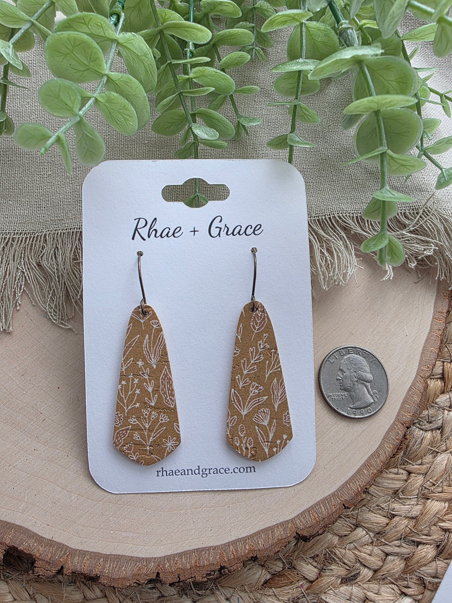 Dijon Brown & Cream Floral Skinny Drop Earrings