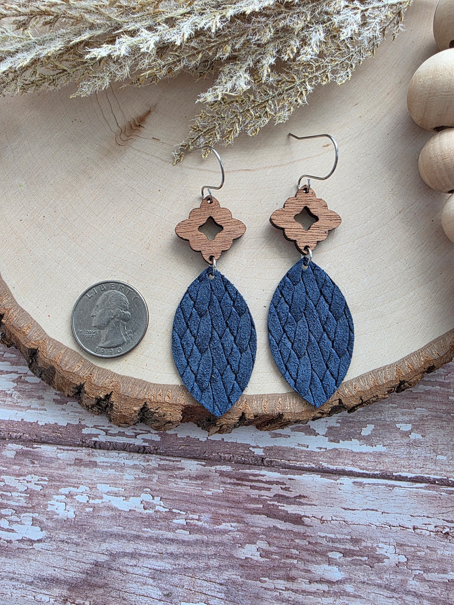 Navy Blue Leather Leaf Earrings