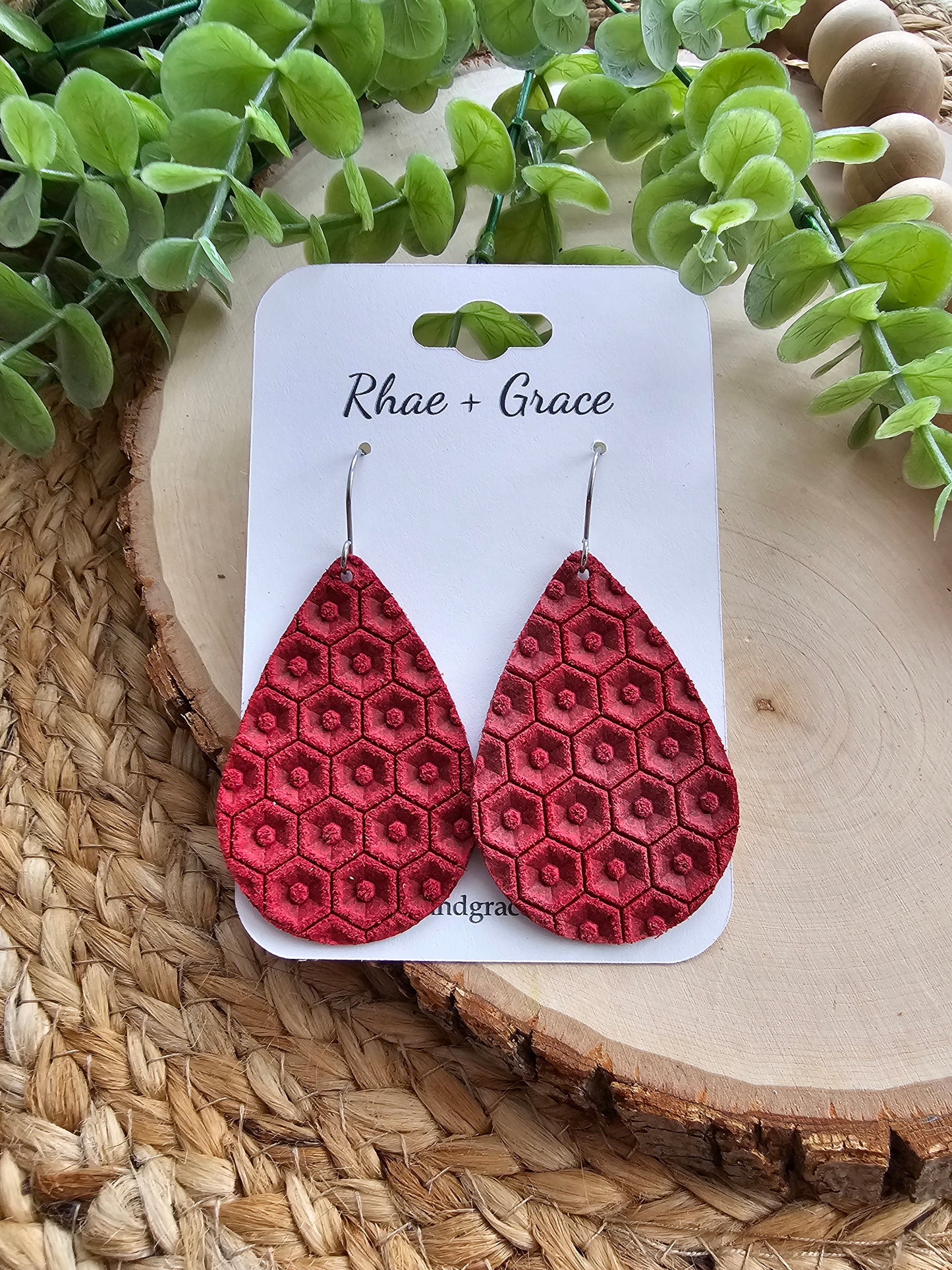Red Honeycomb Embossed Teardrop Earrings - 2.25"