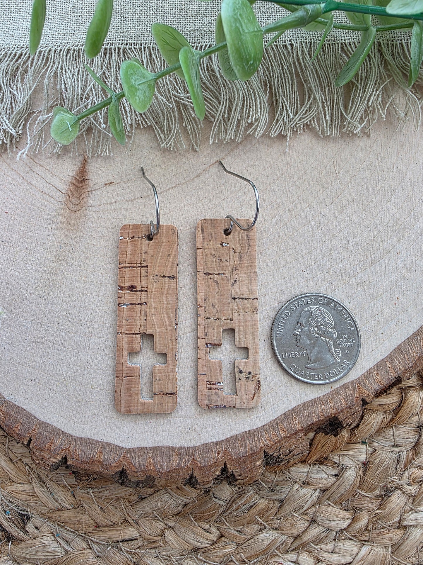 Natural Cork Silver Cross Cutout Bar Earrings