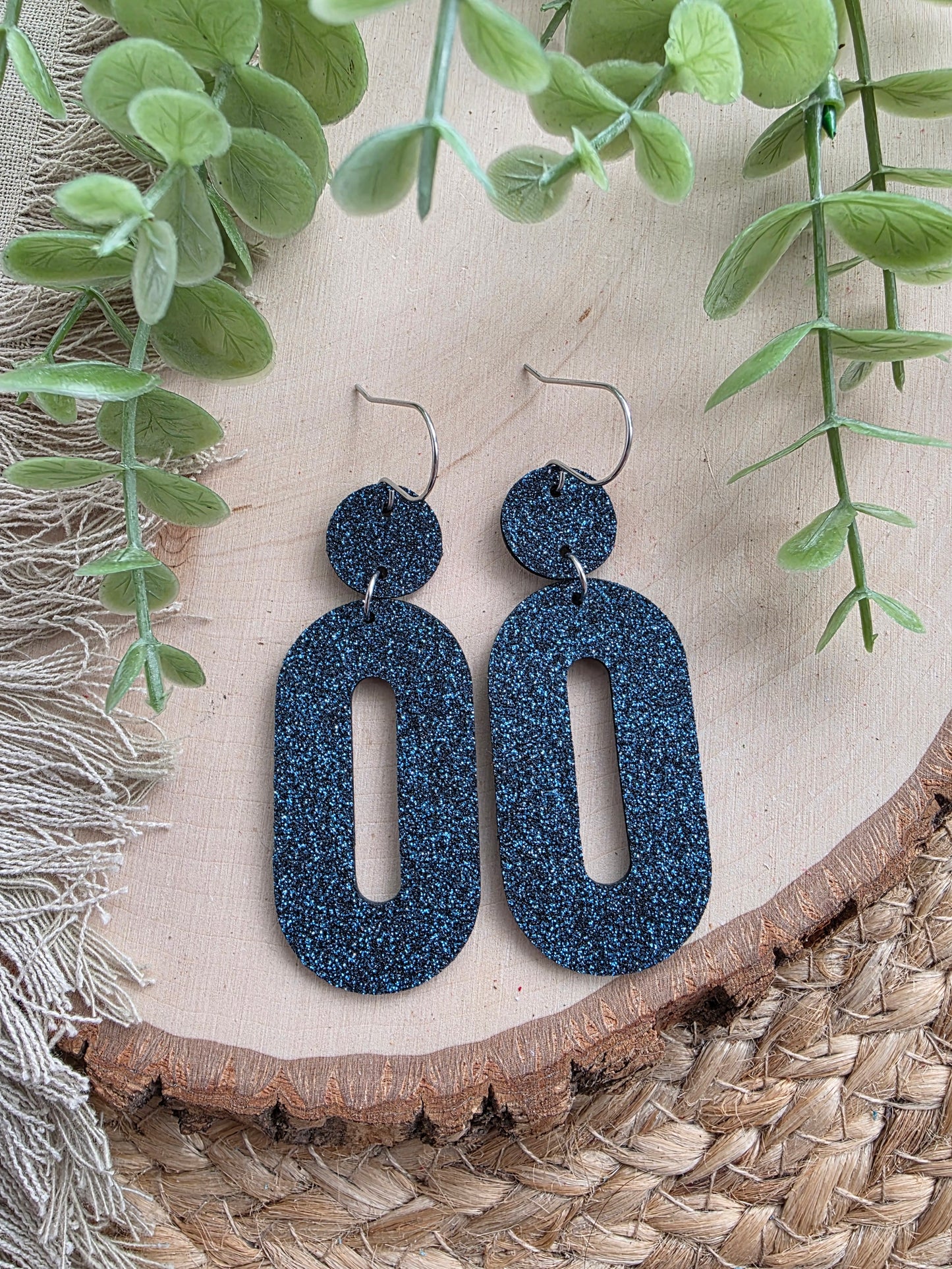 Midnight Blue Glitter Elongated Oval Earrings