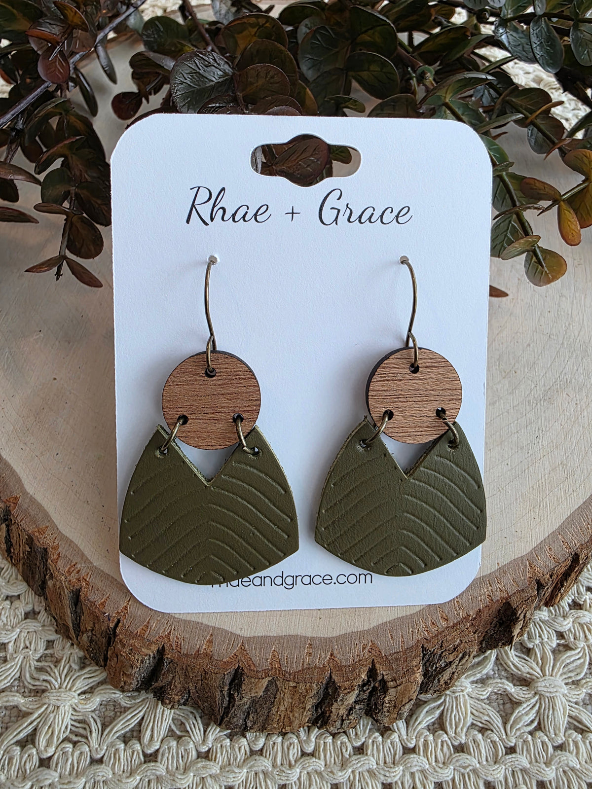 Geometric Boho Embossed Chevron Earrings - Olive Green