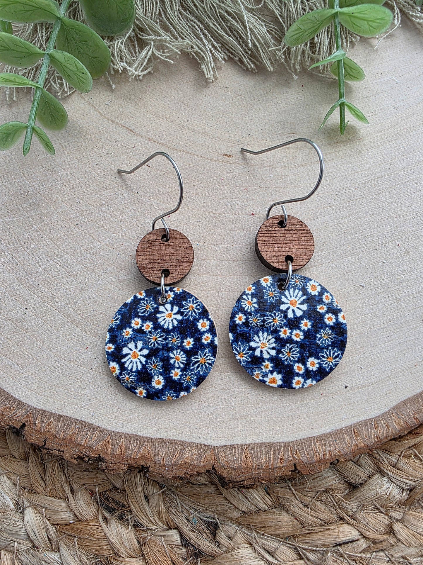 Tiny Daisies on Navy Blue Floral Circle Earrings
