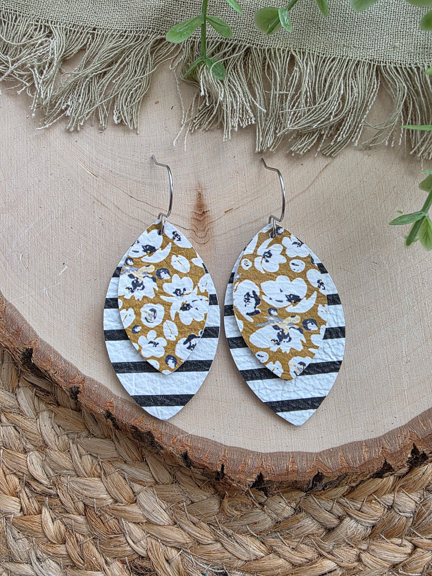 Yellow Floral and Black & White Striped Layered Leaf Earrings