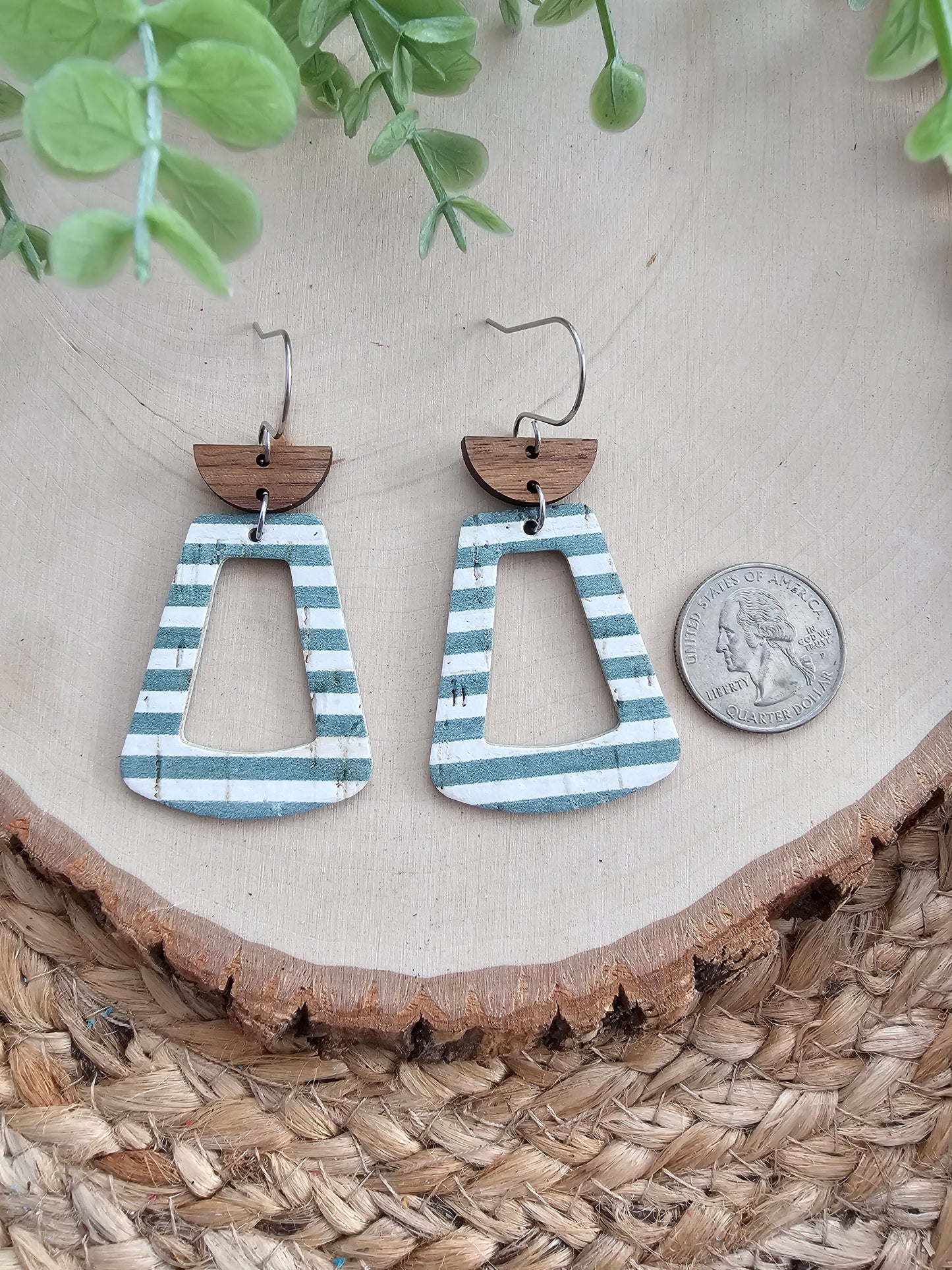 Sage Green Striped Open Trapezoid Earrings