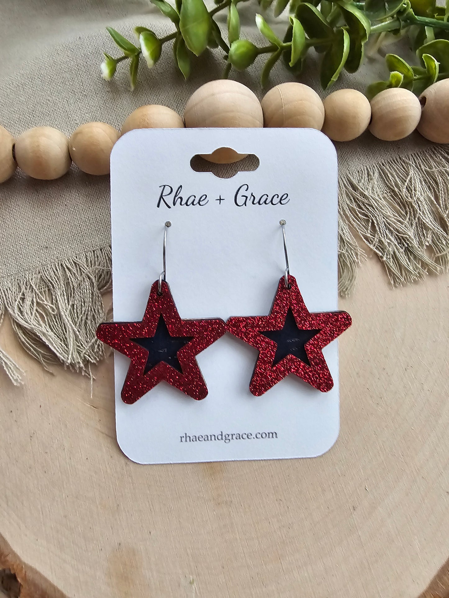 Red Glitter & Blue Layered Star Earrings