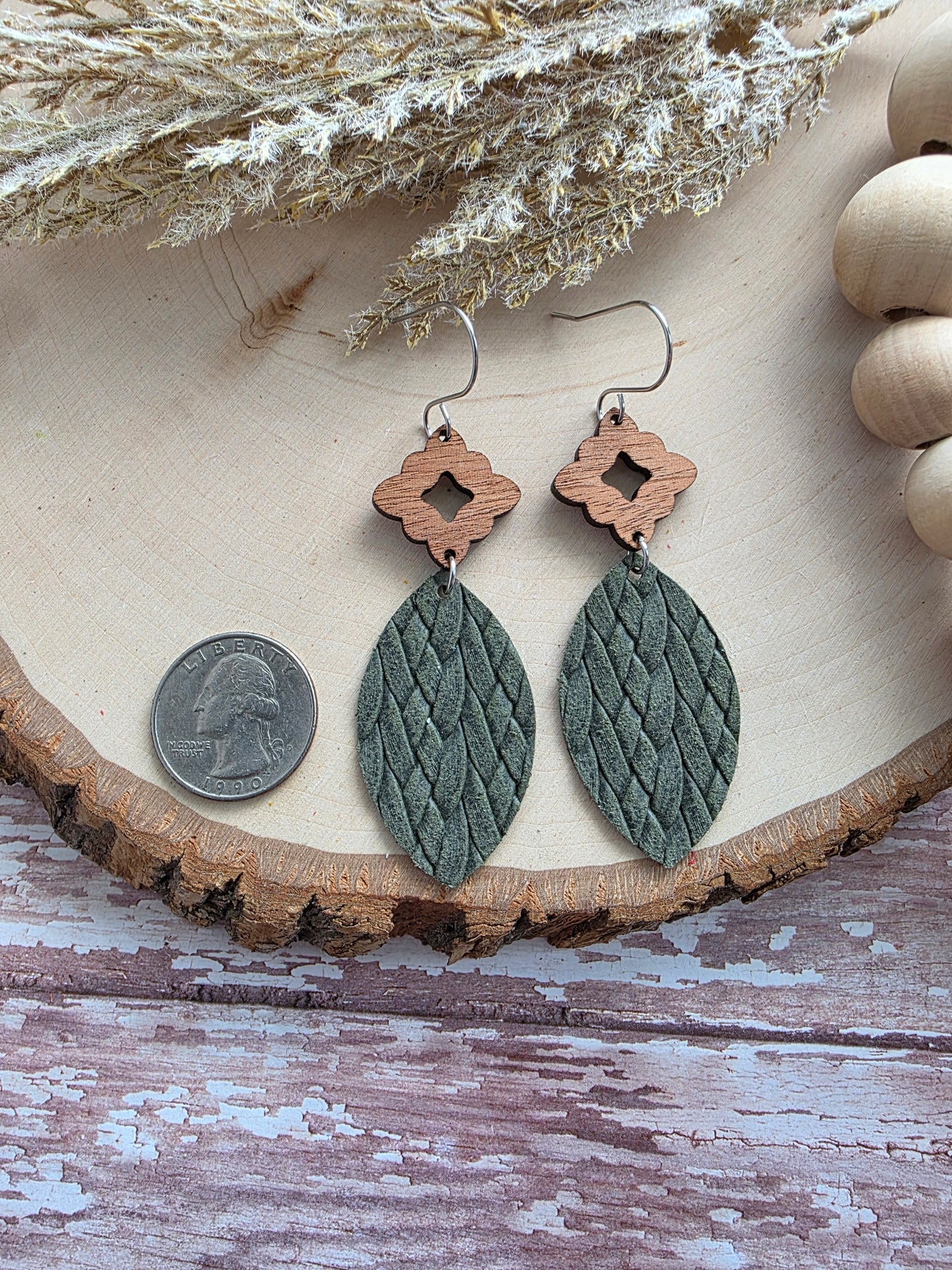 Dark Olive Green Leather Leaf Earrings