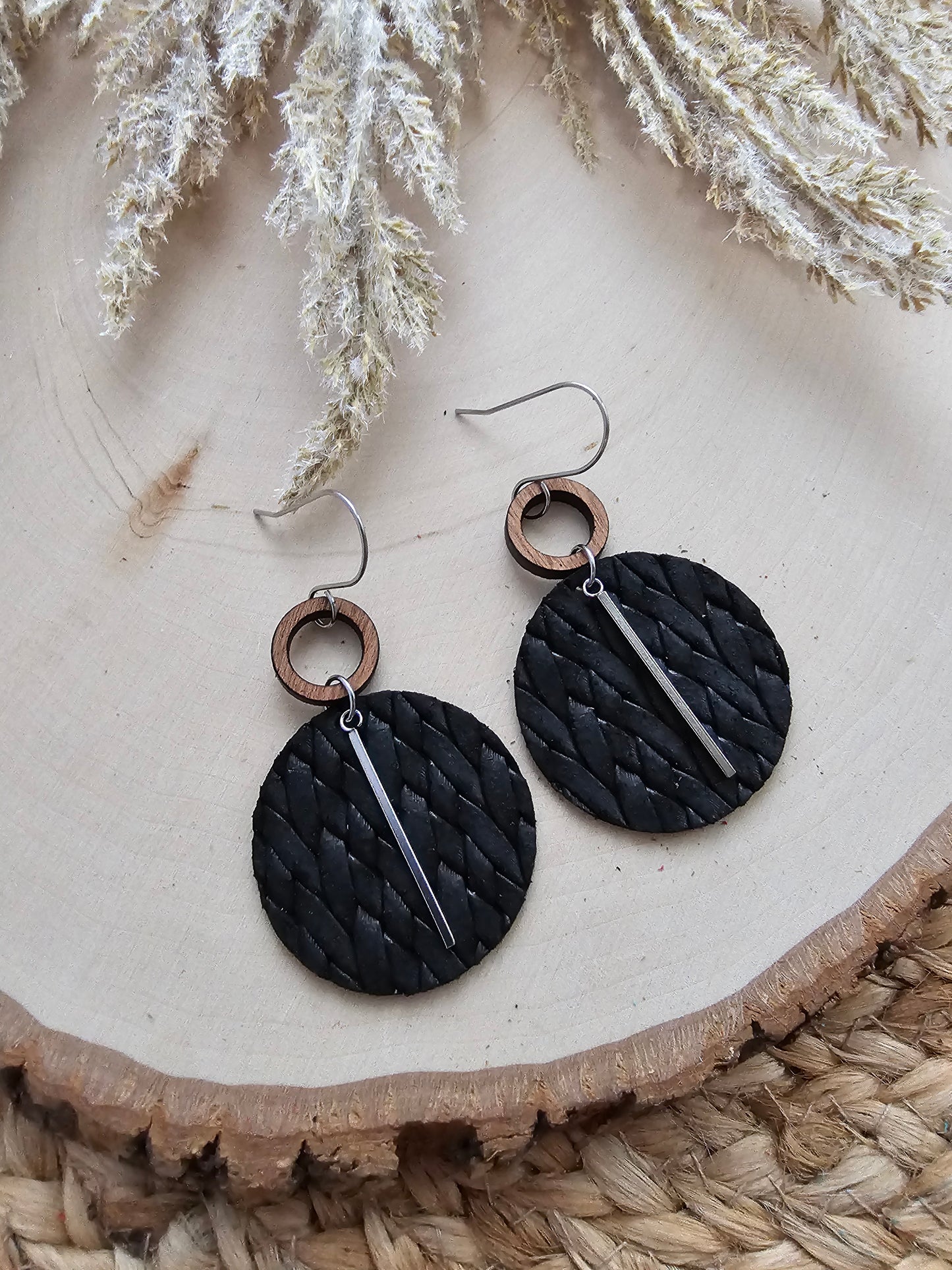 Black Braided Circle Earrings - Silver or Gold
